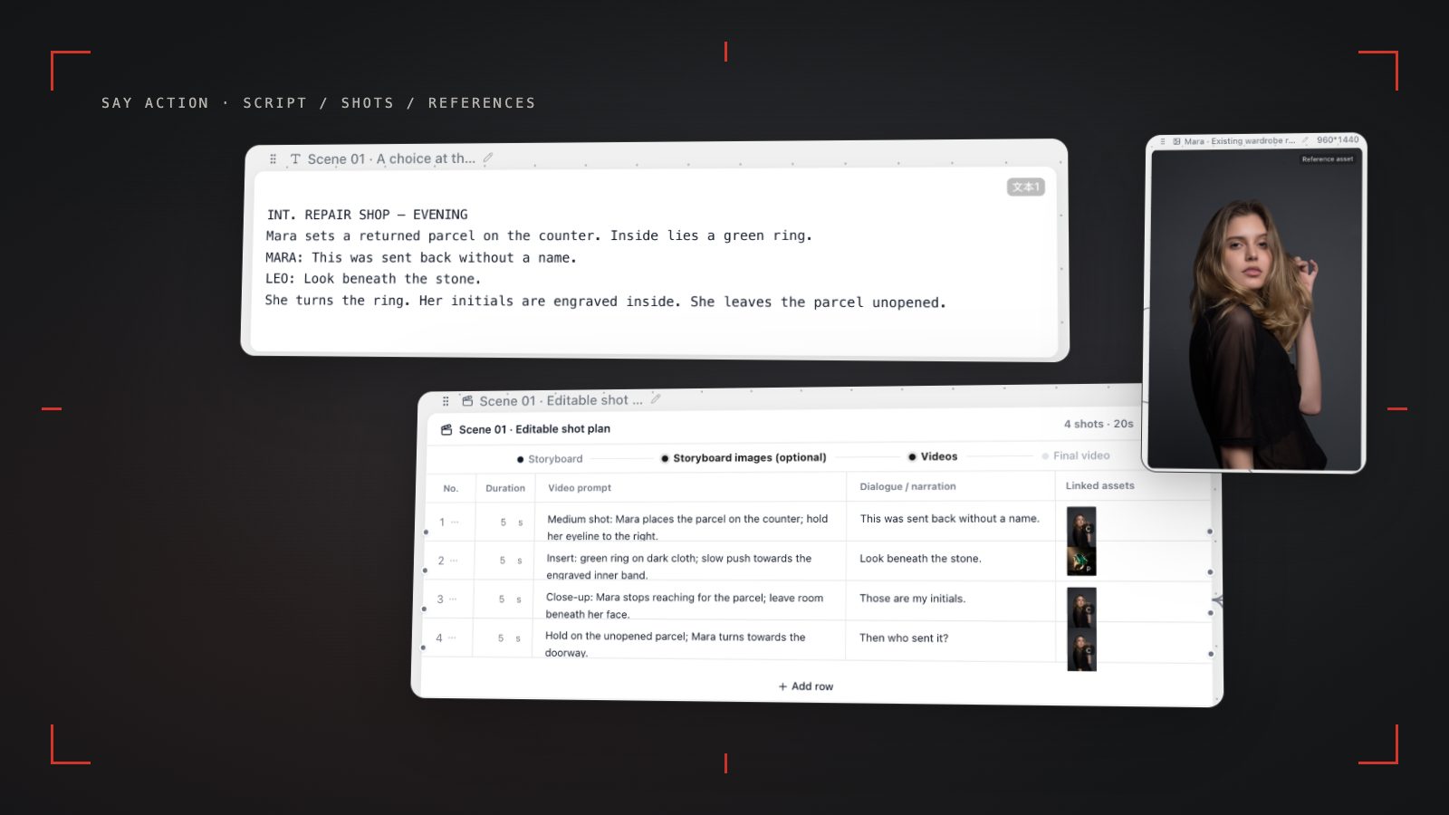 English exercise script, editable shot table and existing visual references