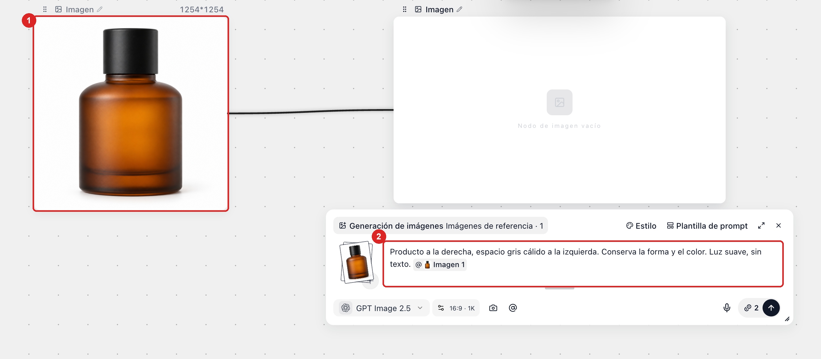Foto de producto conectada a un nuevo nodo de imagen y referenciada en el prompt como Imagen 1