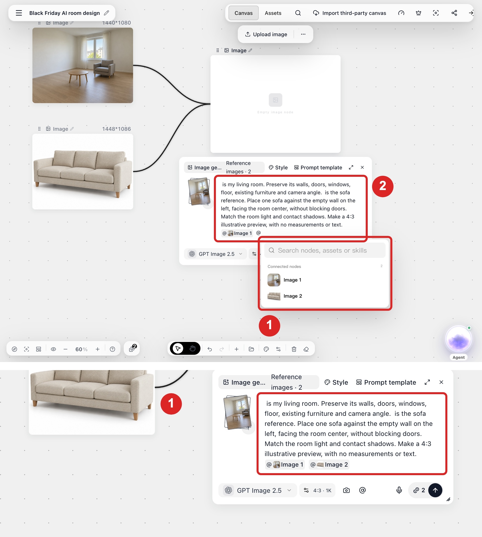 Inserting Image 1 (the room) and Image 2 (the furniture) from the @ menu