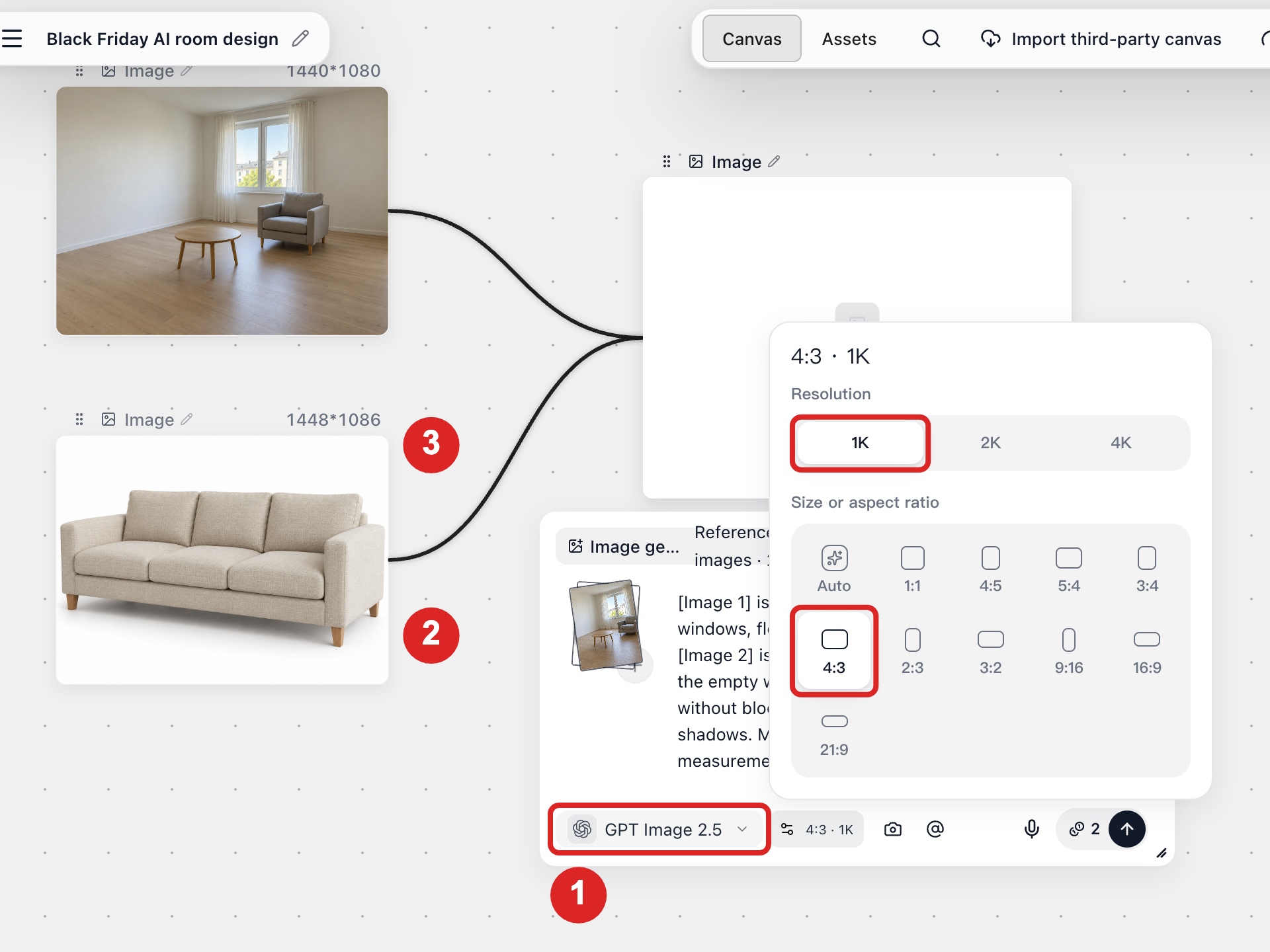 Choosing the model, Size or aspect ratio and Resolution in Image settings