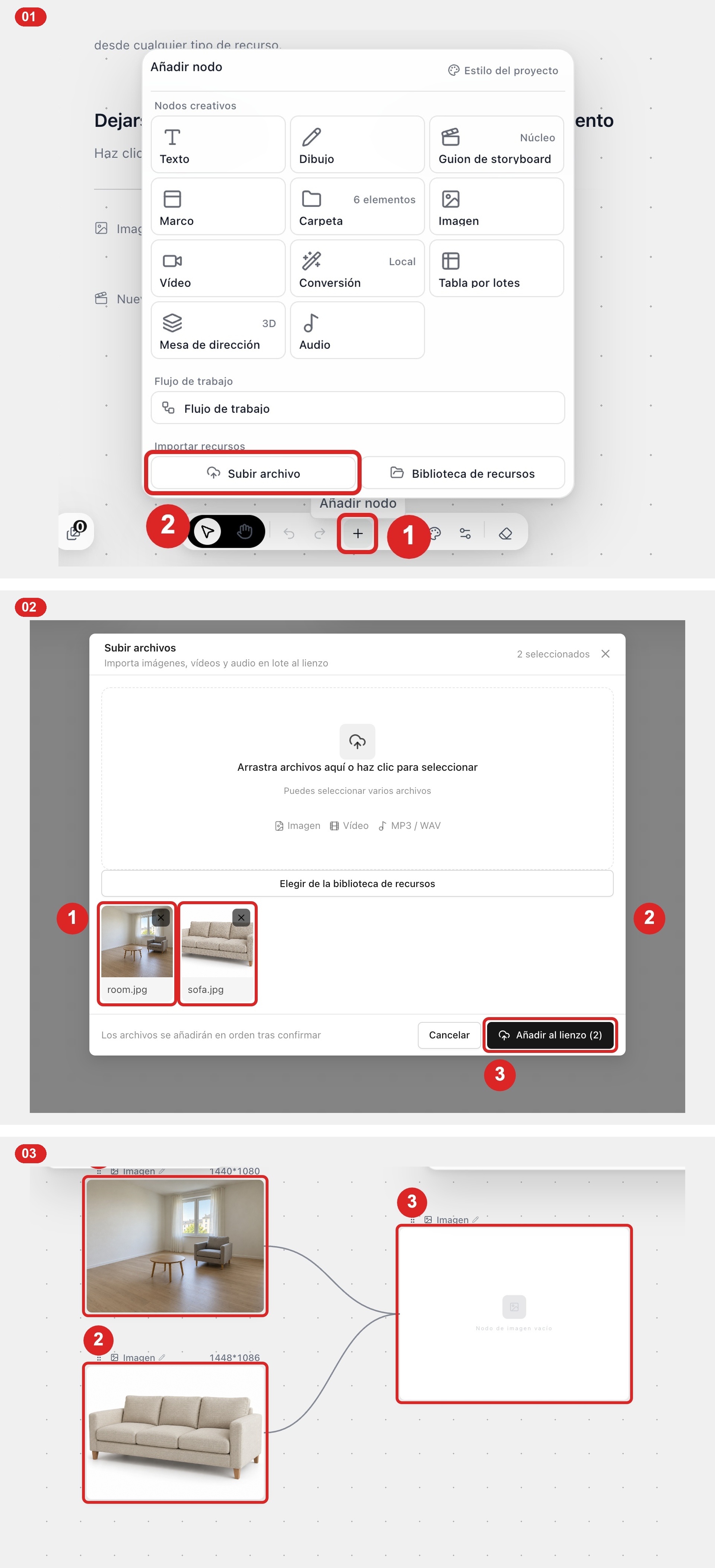 Dos nodos con la foto de la habitación y la del producto conectados al nuevo nodo de imagen en el lienzo.