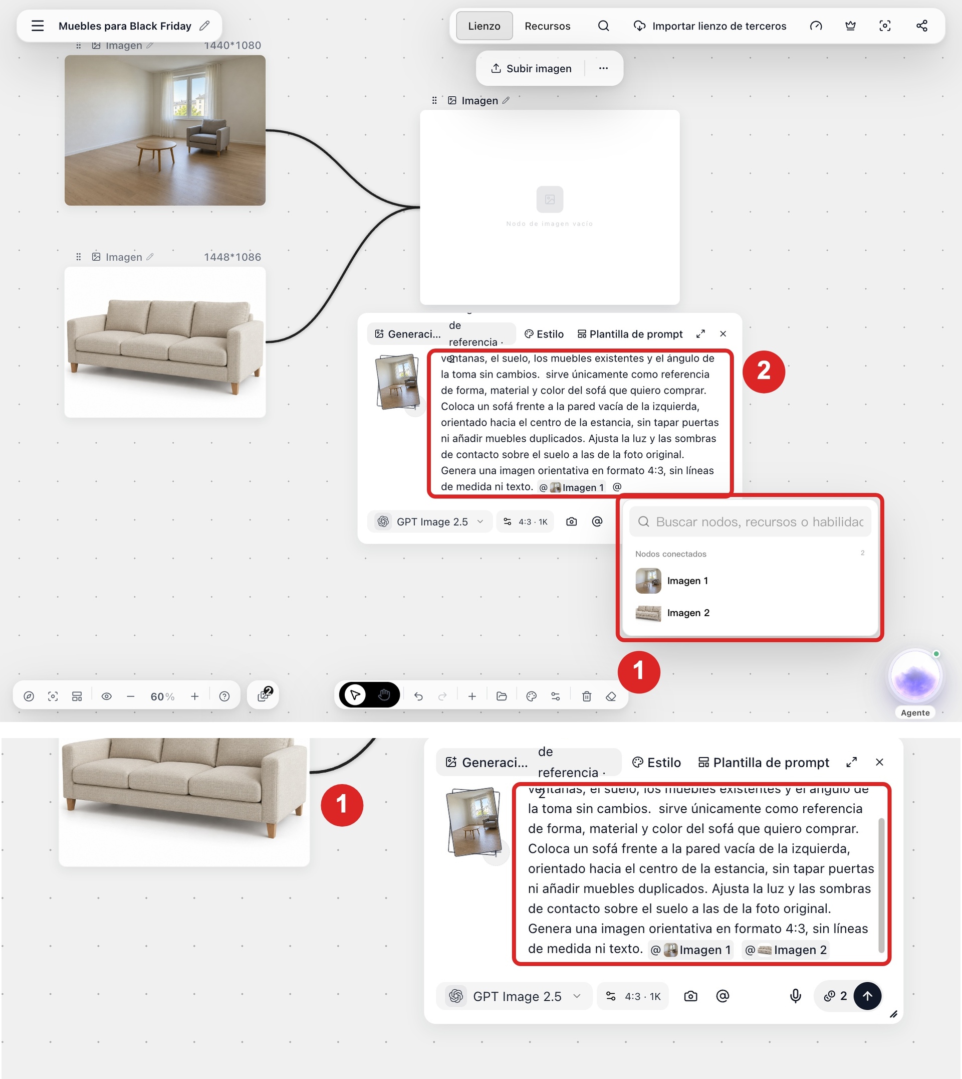 Menú desplegable de menciones al escribir @ para asociar Imagen 1 a la estancia e Imagen 2 al mueble.