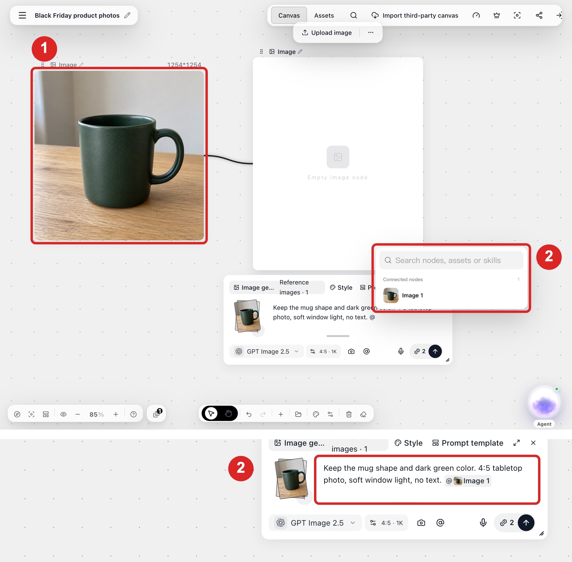 Connecting the product photo to a new Image node and inserting the Image 1 reference from the @ menu