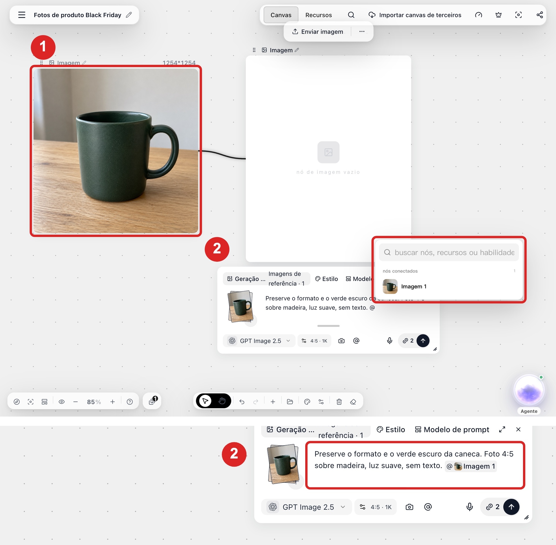 Conexão entre o nó de origem e o nó de destino, com o menu @ aberto para vincular a Imagem 1.