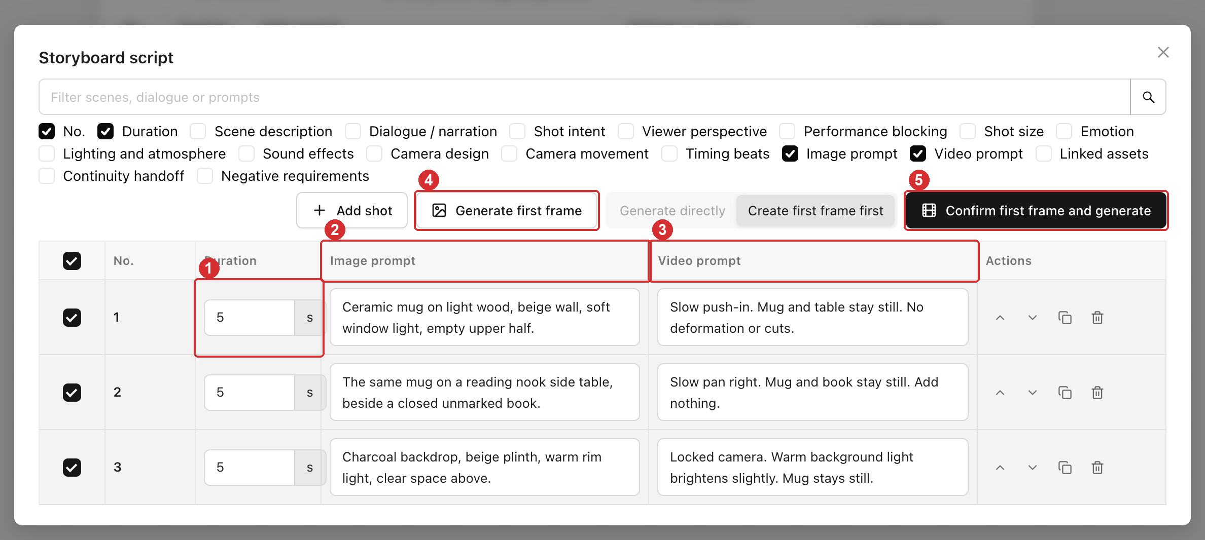 Three rows in the full-screen storyboard editor, 5 seconds each, with image and video prompts filled in separately