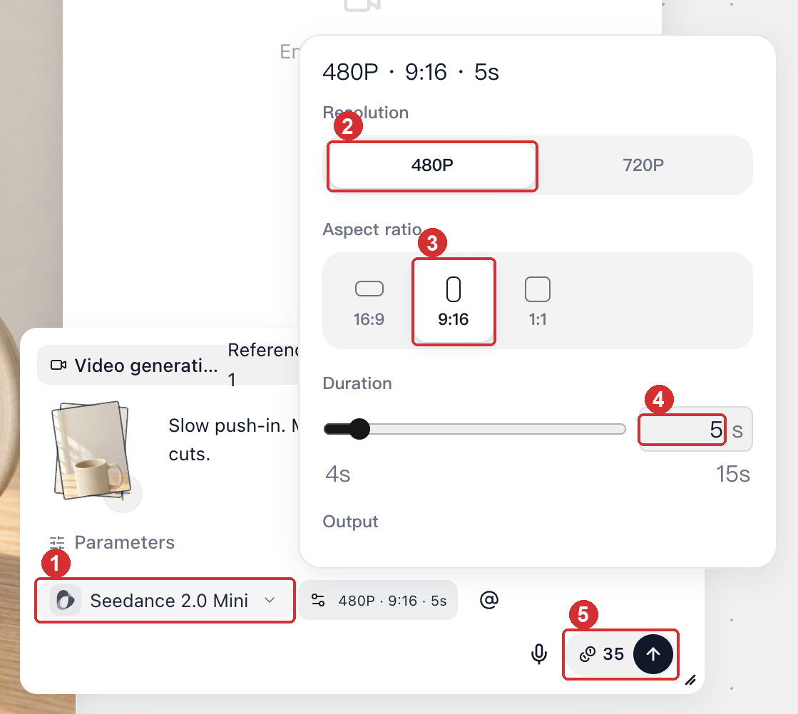 Pick the model, 9:16 and 5 seconds in Video settings and check the credits before generating
