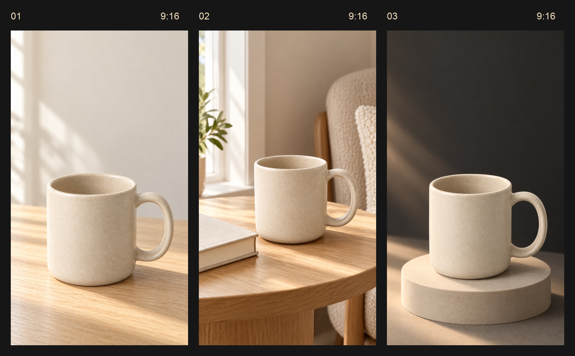Three first frames from one product photo: product close-up, reading corner, dark background with space for the offer