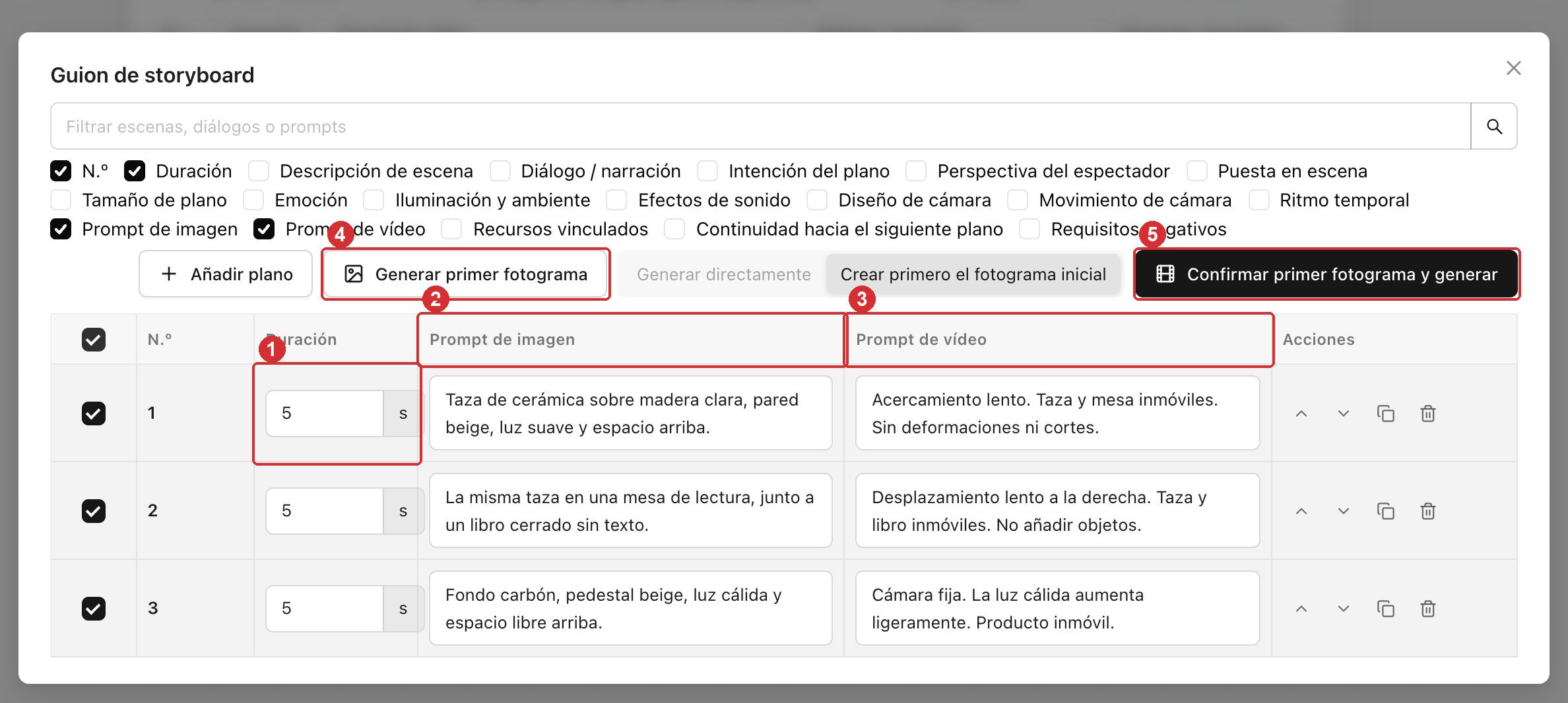 Tres filas en el editor de storyboard a pantalla completa, de 5 segundos cada una, con las indicaciones de imagen y de vídeo rellenadas por separado
