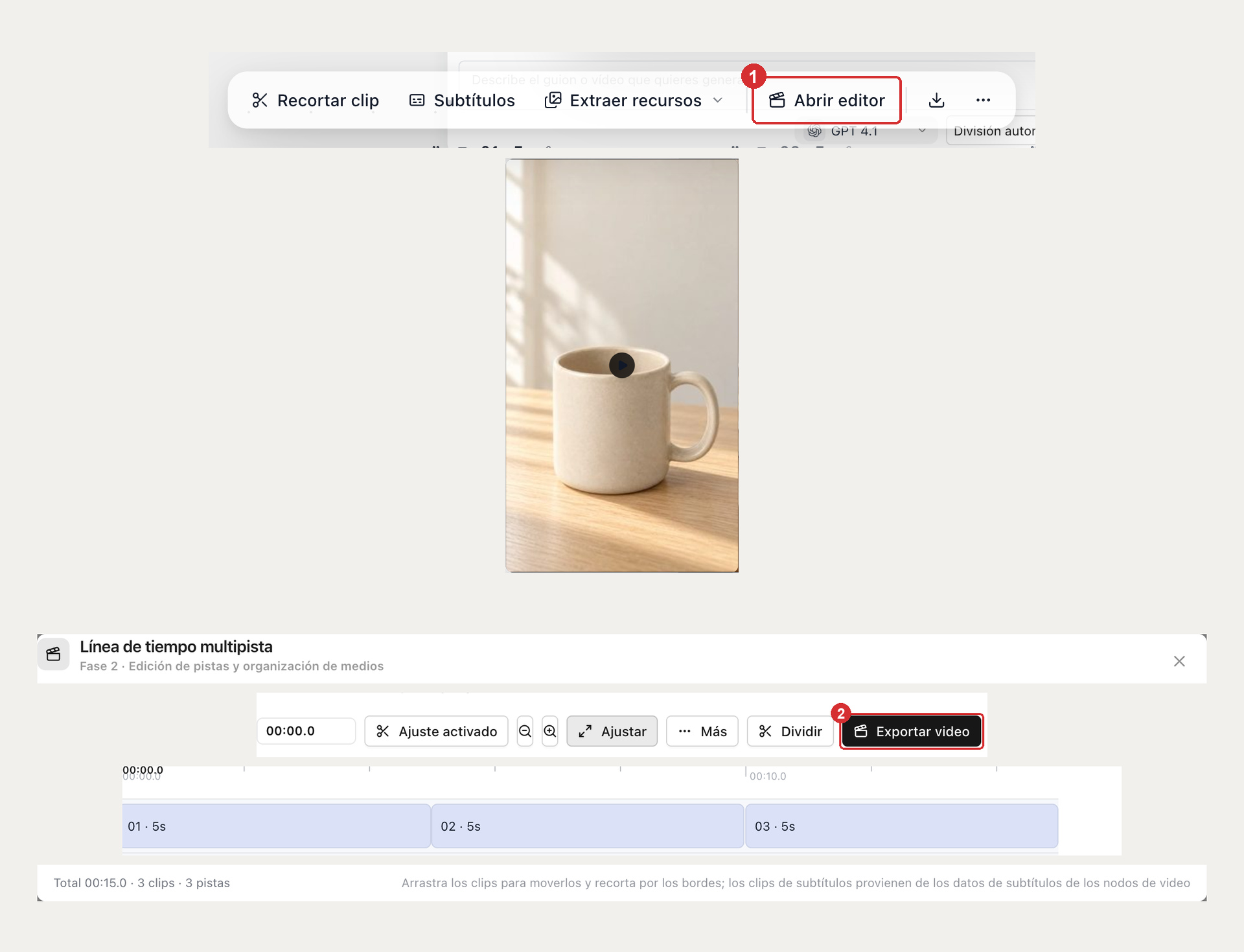 Selecciona un nodo de vídeo, haz clic en Abrir editor, comprueba que los tres clips sumen 15 segundos y exporta