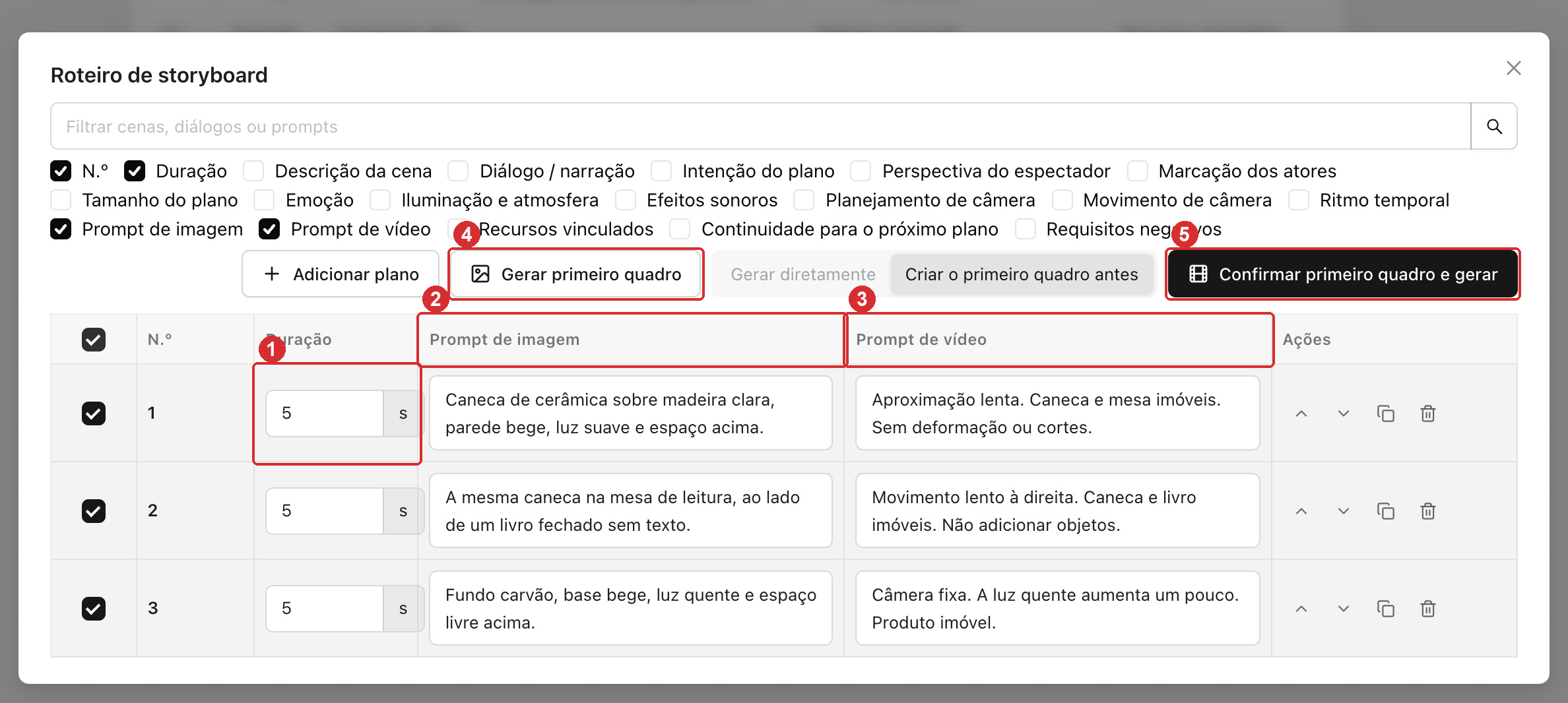 Três linhas no editor de storyboard em tela cheia, com 5 segundos cada, com os prompts de imagem e de vídeo preenchidos separadamente