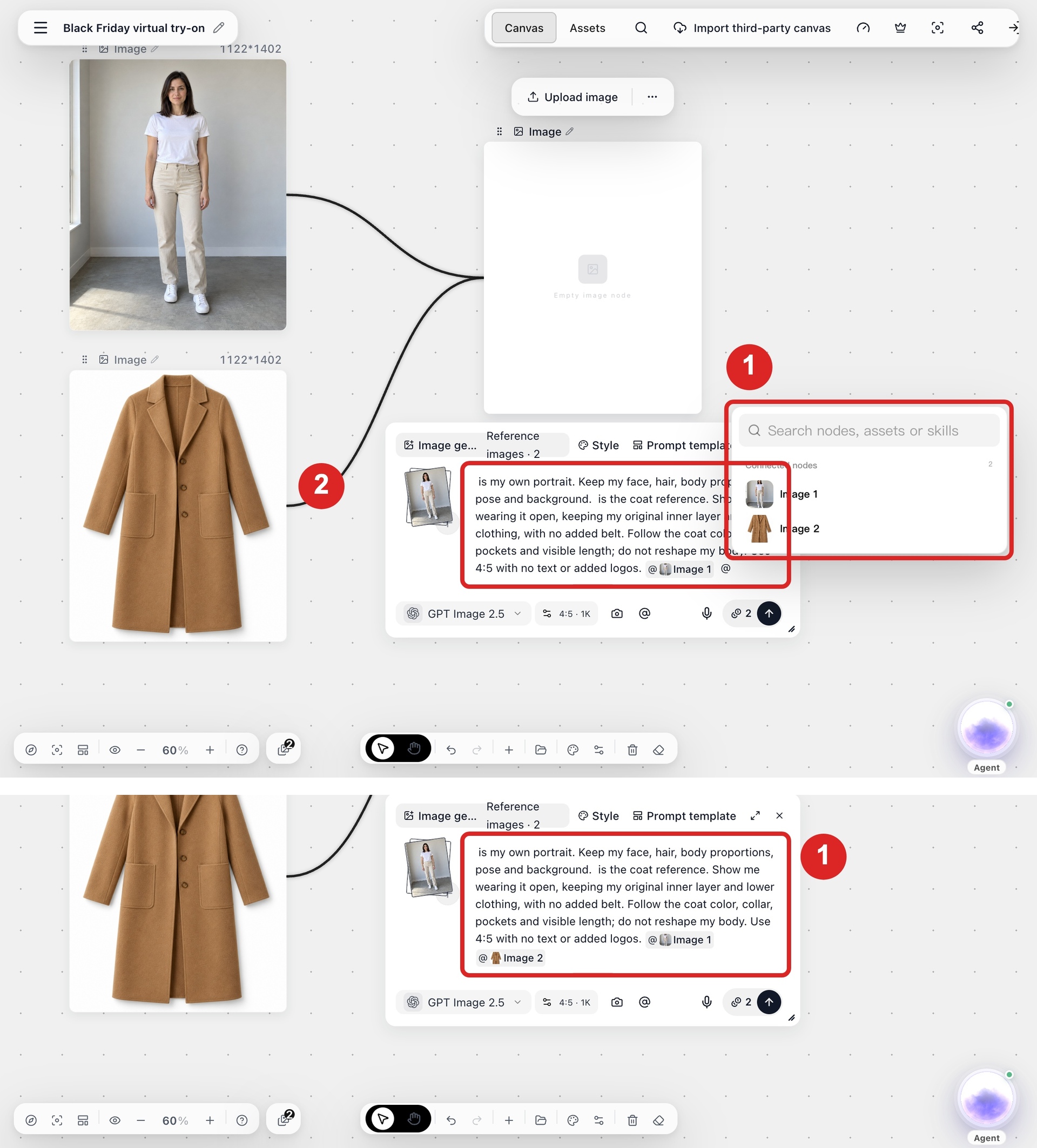 Inserting Image 1 (you) and Image 2 (the product) from the @ menu