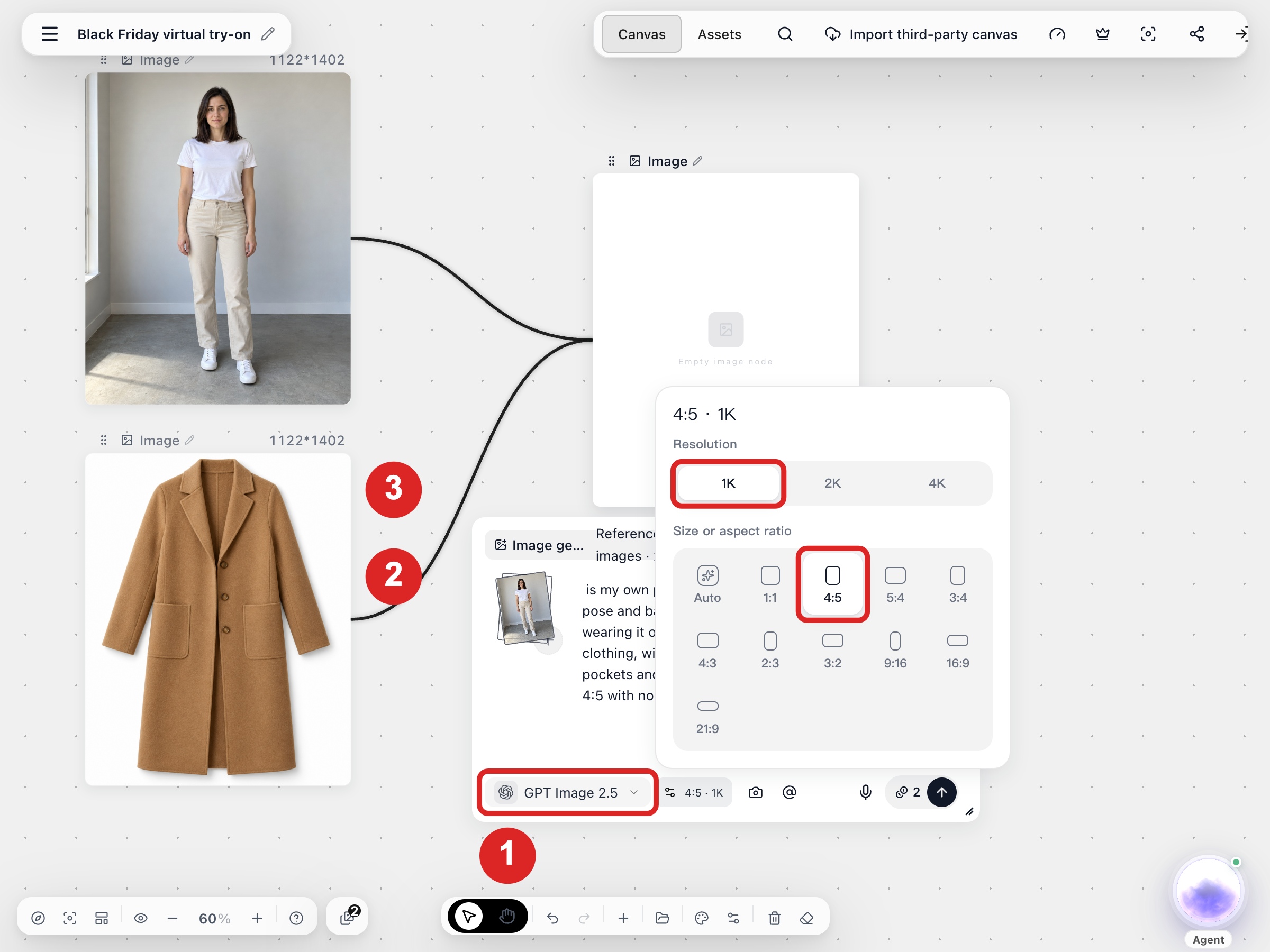 Choosing the model, Size or aspect ratio and Resolution in Image settings