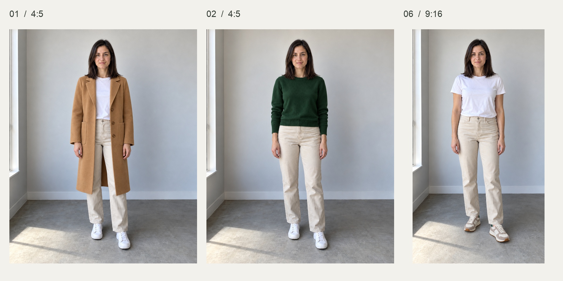 Comparativa de la misma persona con abrigo, vestido y complementos
