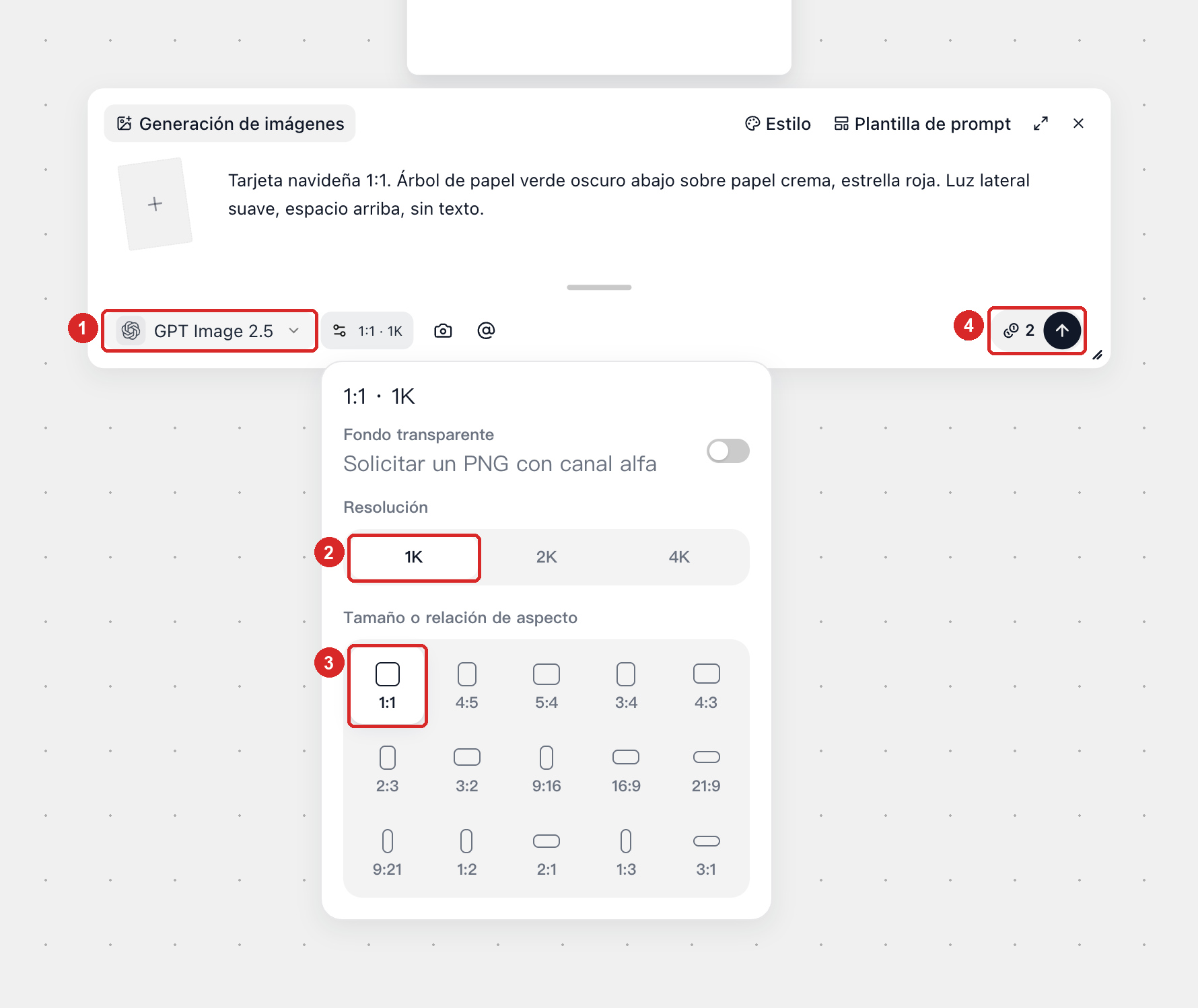 GPT Image 2.5 con Tamaño o relación de aspecto en 1:1, Resolución en 1K y el presupuesto de 2 créditos