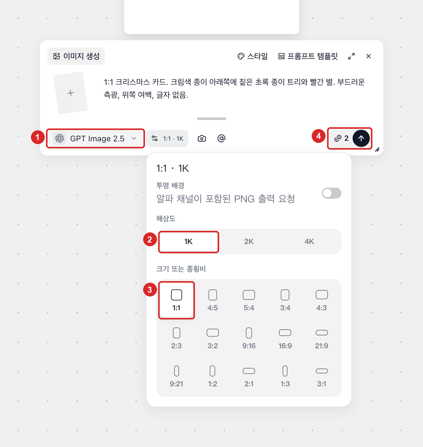 GPT Image 2.5 모델에서 크기 또는 종횡비를 1:1로, 해상도를 1K로 설정하고 2 크레딧 견적을 확인하는 화면