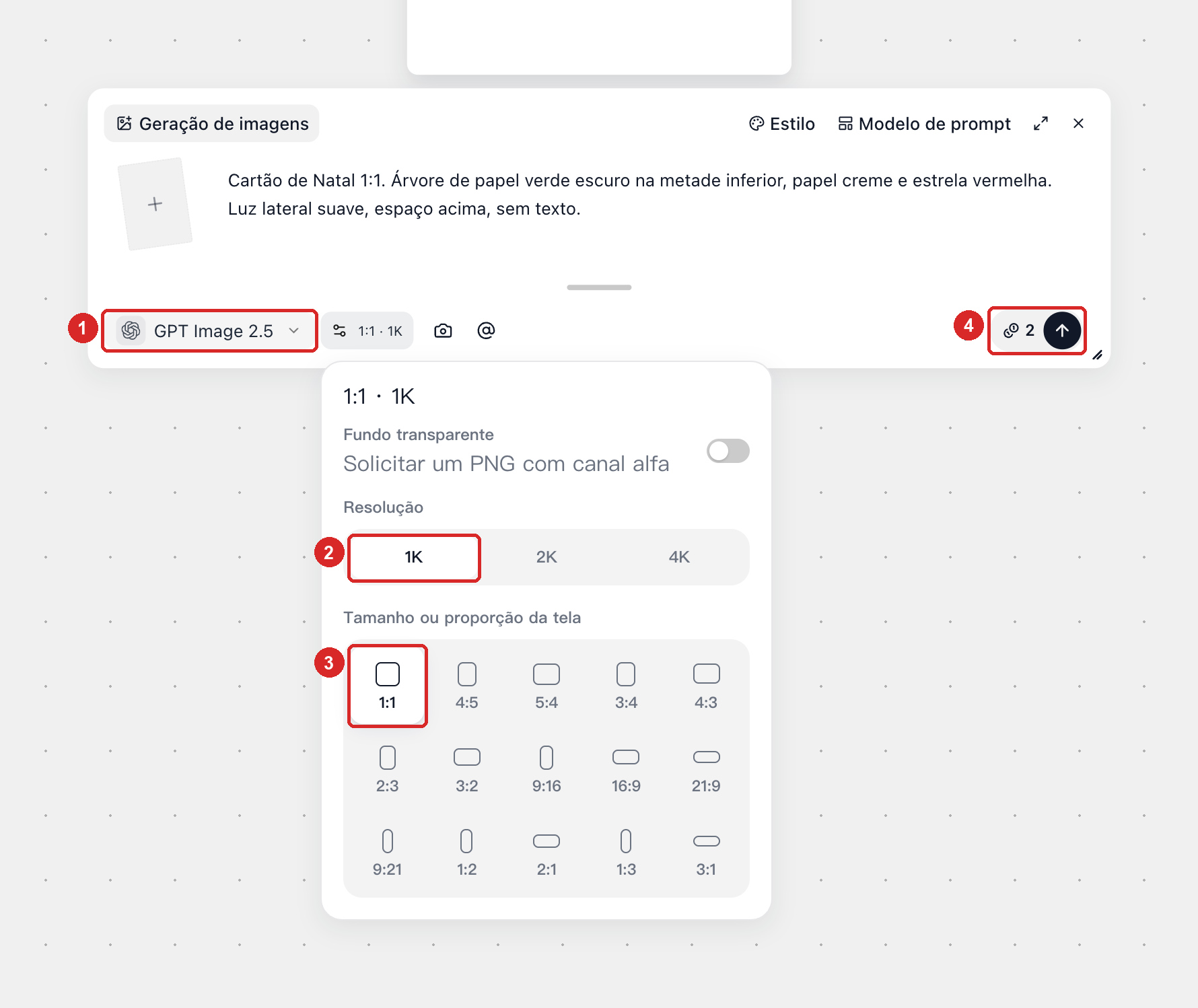 GPT Image 2.5 com Tamanho ou proporção da tela em 1:1, Resolução em 1K e custo de 2 créditos