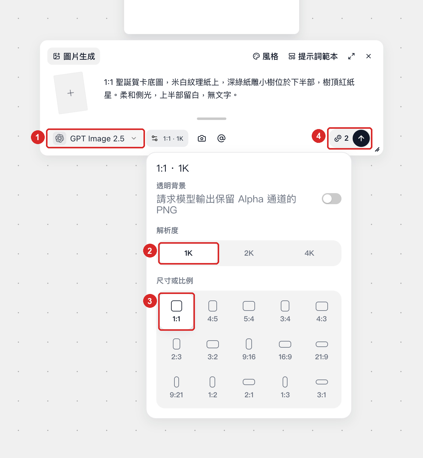 GPT Image 2.5 的圖像設定：“尺寸或比例”1:1、“解析度”1K，以及 2 點數報價