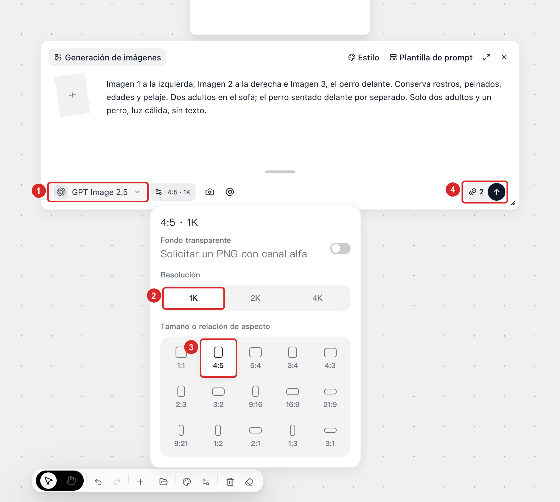 GPT Image 2.5 con Tamaño o relación de aspecto en 4:5, Resolución en 1K y coste de 2 créditos