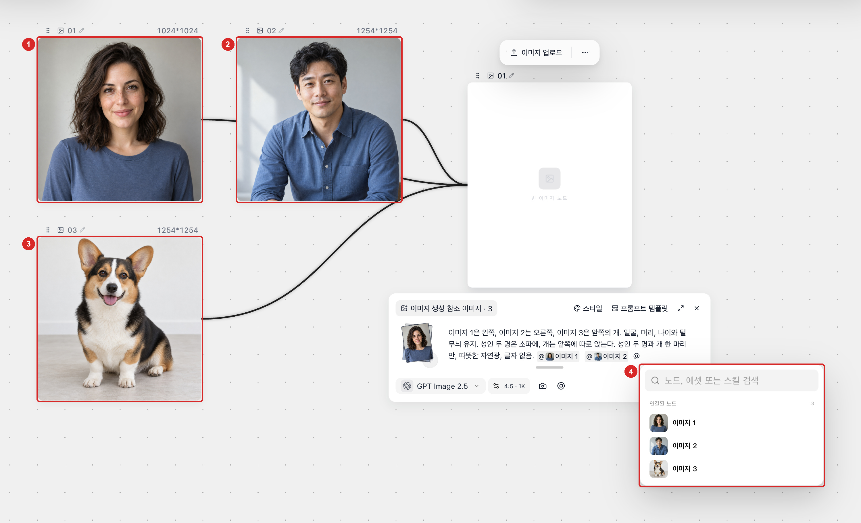성인 A, 성인 B, 반려견의 @ 메뉴 썸네일과 프롬프트에서 각각 지정된 배치 위치