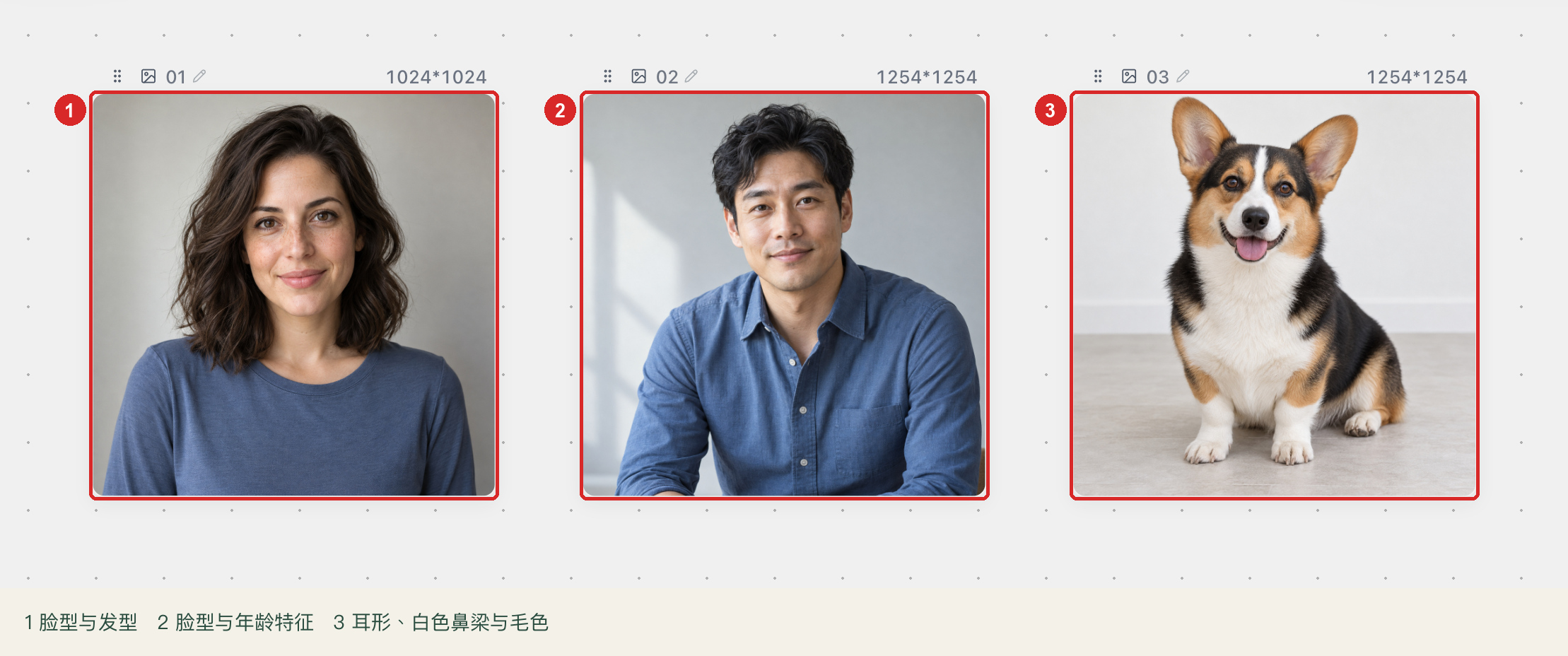 两位家人与一只狗的三张来源照片，标出脸型、发型、耳形和毛色等对照细节
