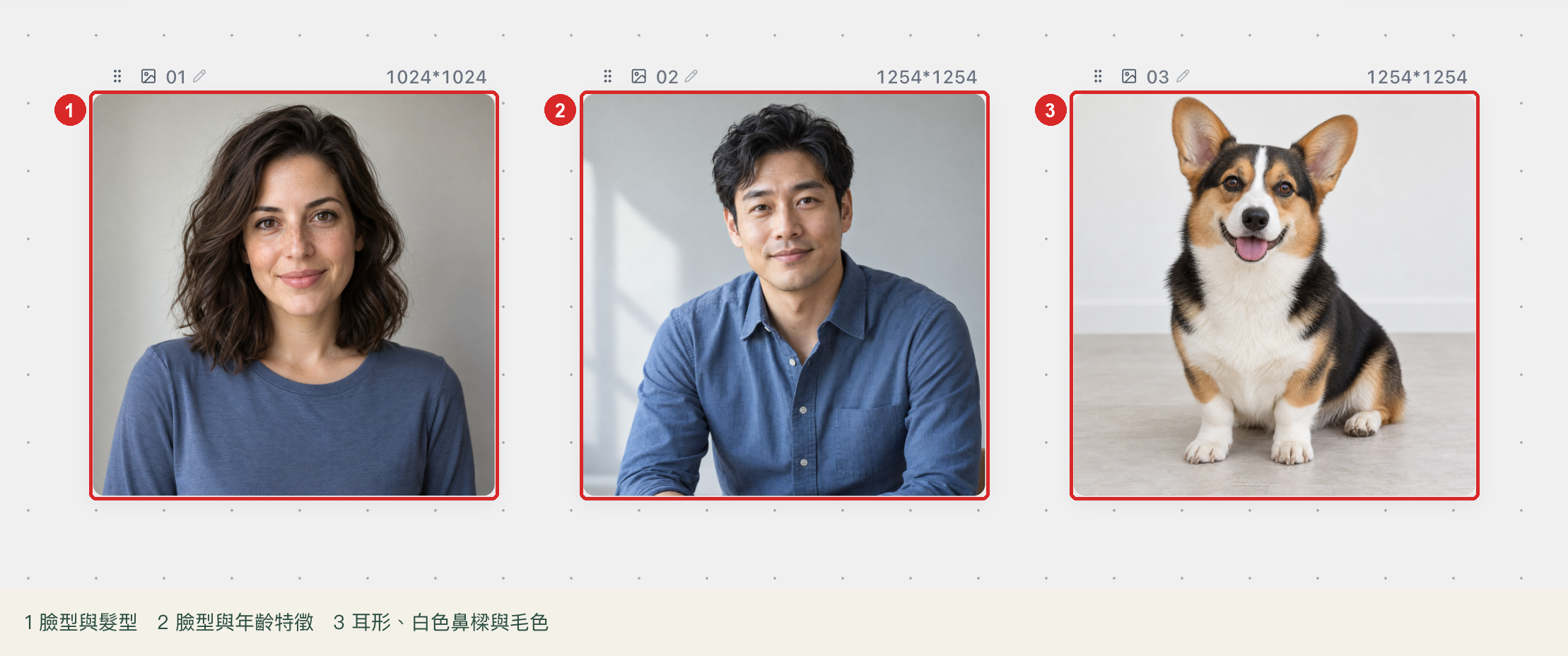 兩位家人與一隻狗的三張來源照片，標出臉型、髮型、耳形和毛色等對照細節
