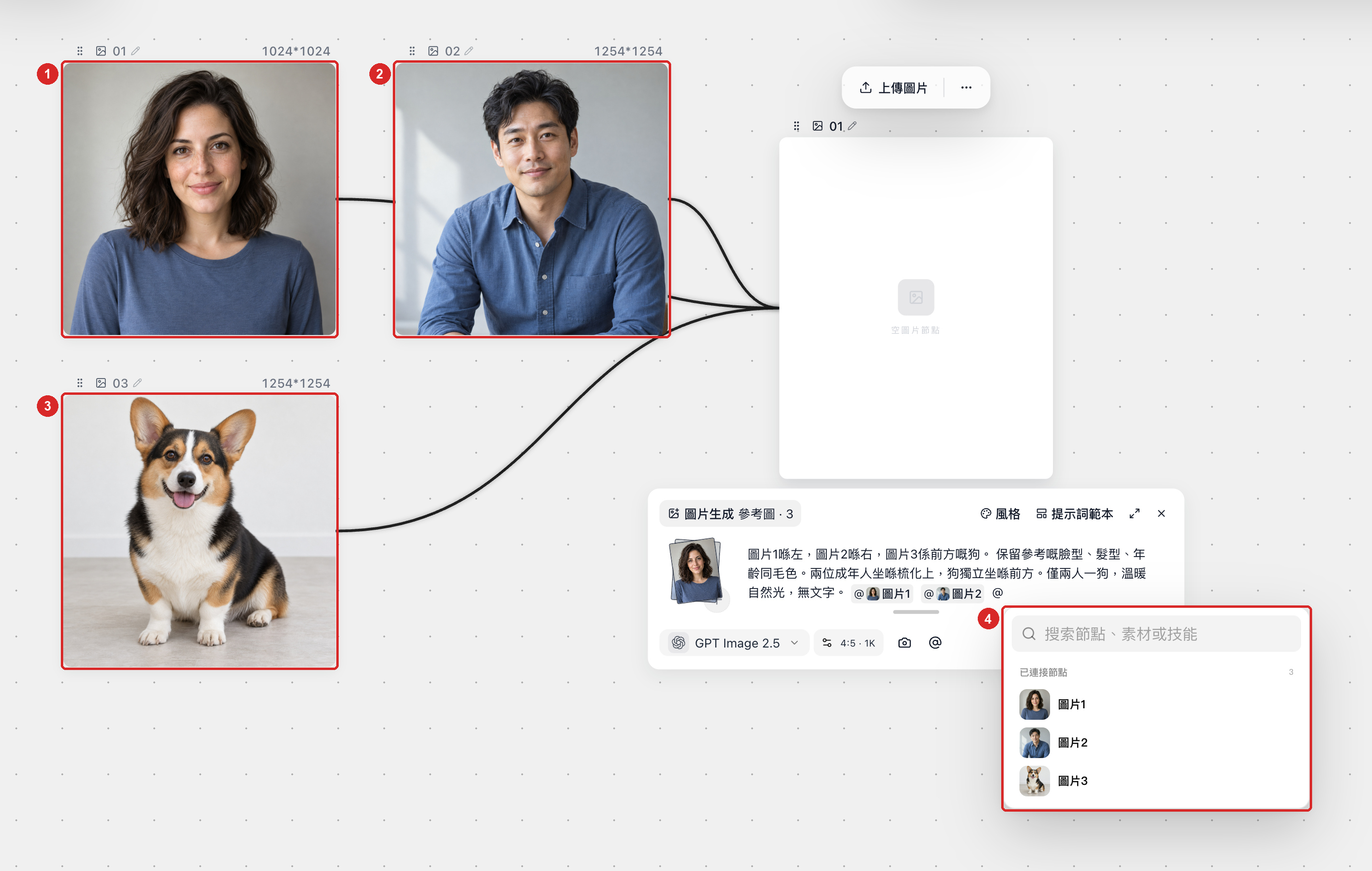 @菜單的三張縮略圖與角色表對應，提示詞明確左側、右側和前方地毯的位置