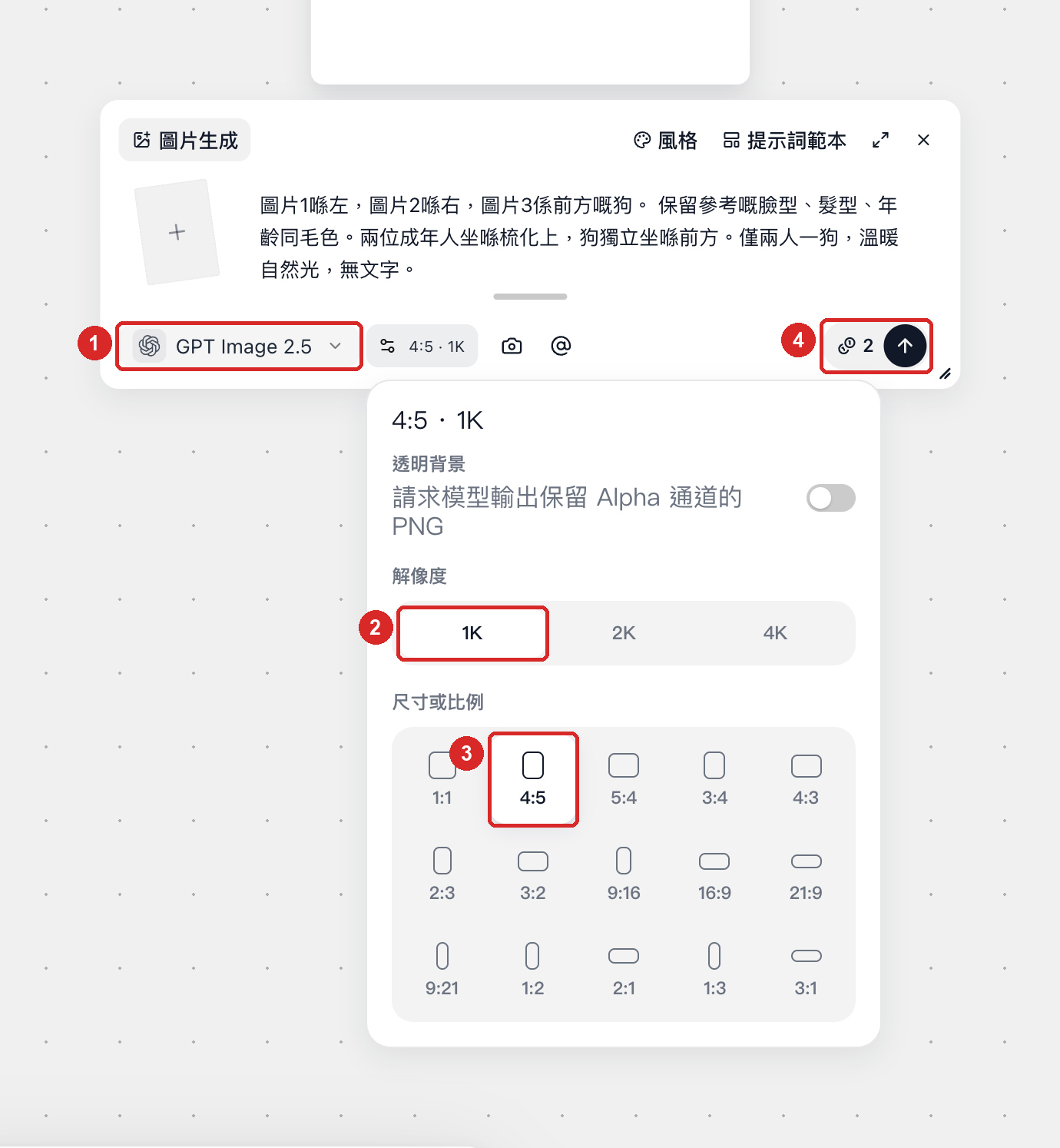 GPT Image 2.5 圖像設定：“尺寸或比例”4:5、“解像度”1K，費用 2 積分