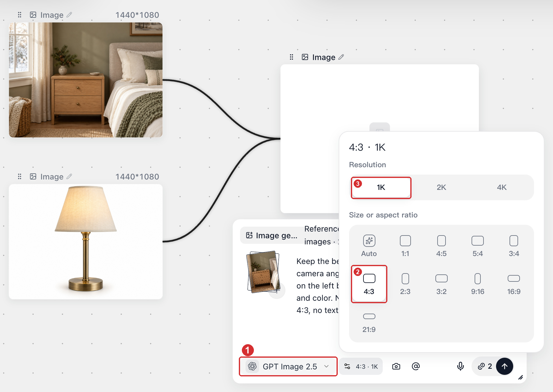 Selecting GPT Image 2.5, Size or aspect ratio, and Resolution in Image settings