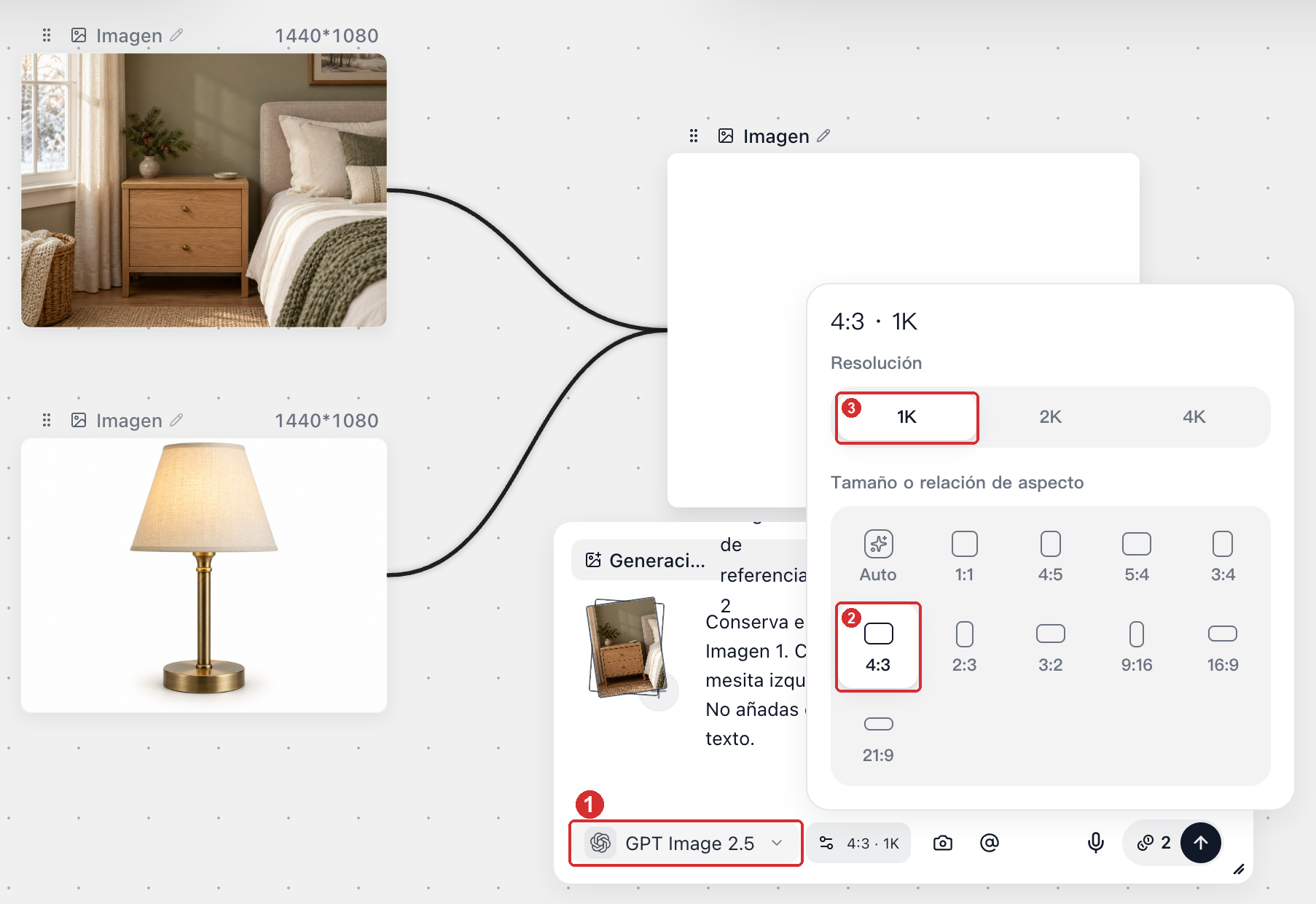 Configuración de GPT Image 2.5, Tamaño o relación de aspecto y Resolución en Ajustes de imagen