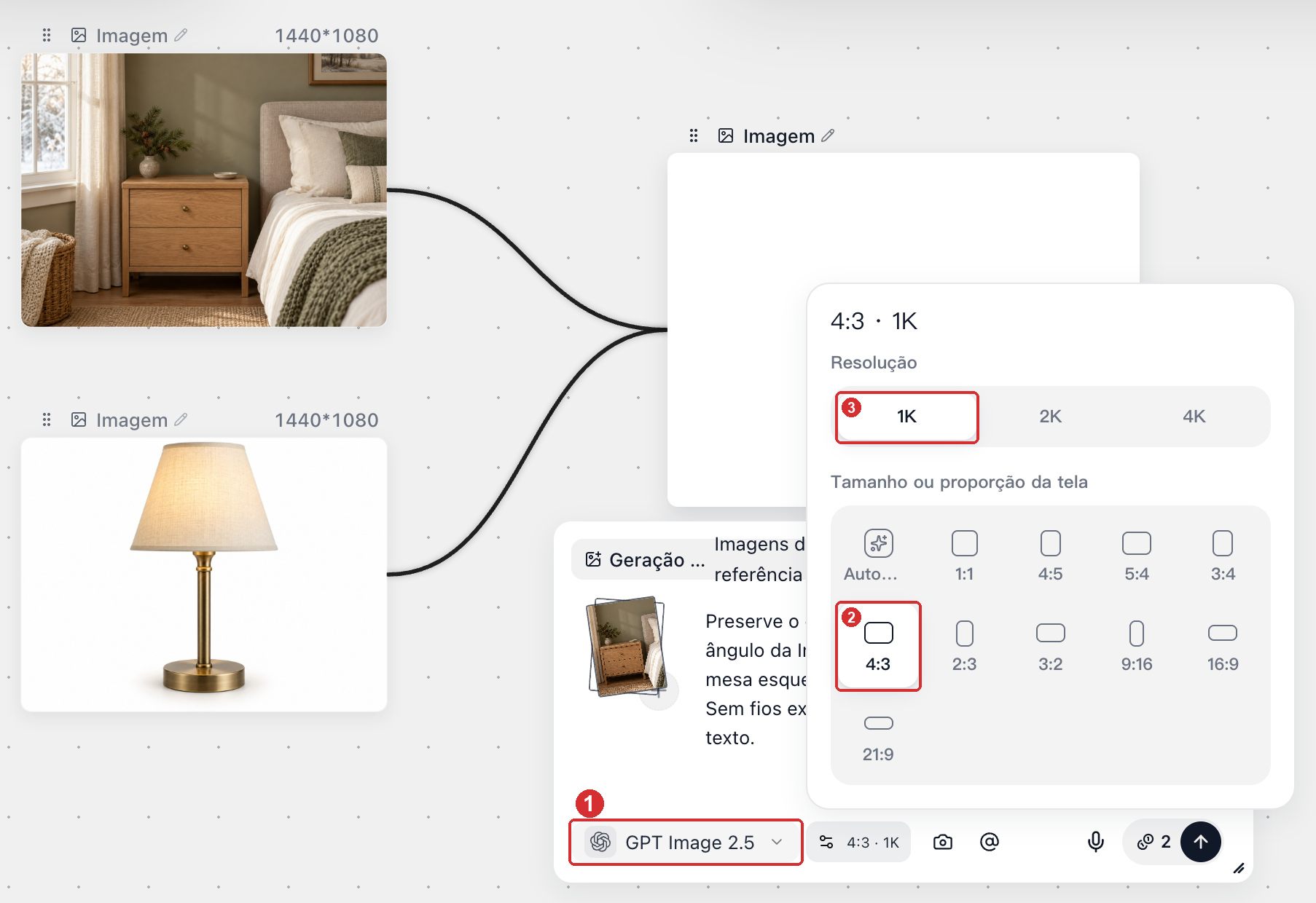Seleção do GPT Image 2.5, Tamanho ou proporção da tela e Resolução em Configurações de imagem