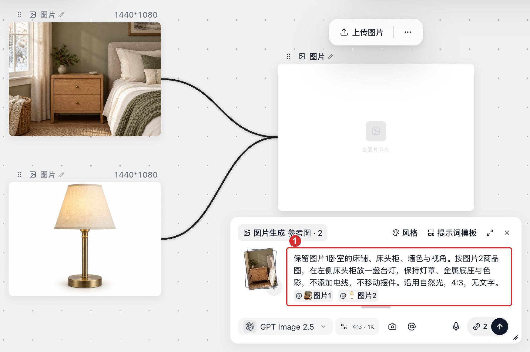 在提示词里用 @ 分别插入“图片1”（场景/人像）和“图片2”（礼物商品）