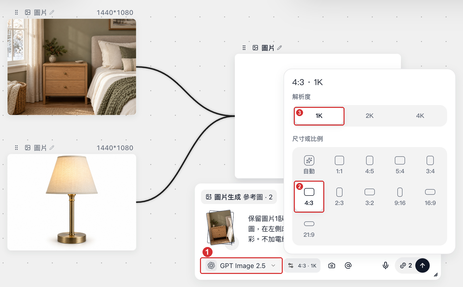 在“圖像設定”裡選擇 GPT Image 2.5 模型、尺寸或比例與 1K 解析度