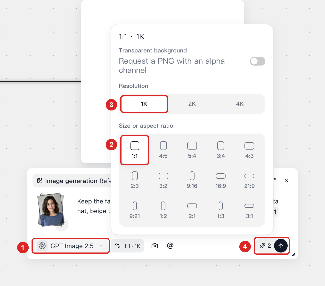 Choosing 1:1 and 1K in Image settings