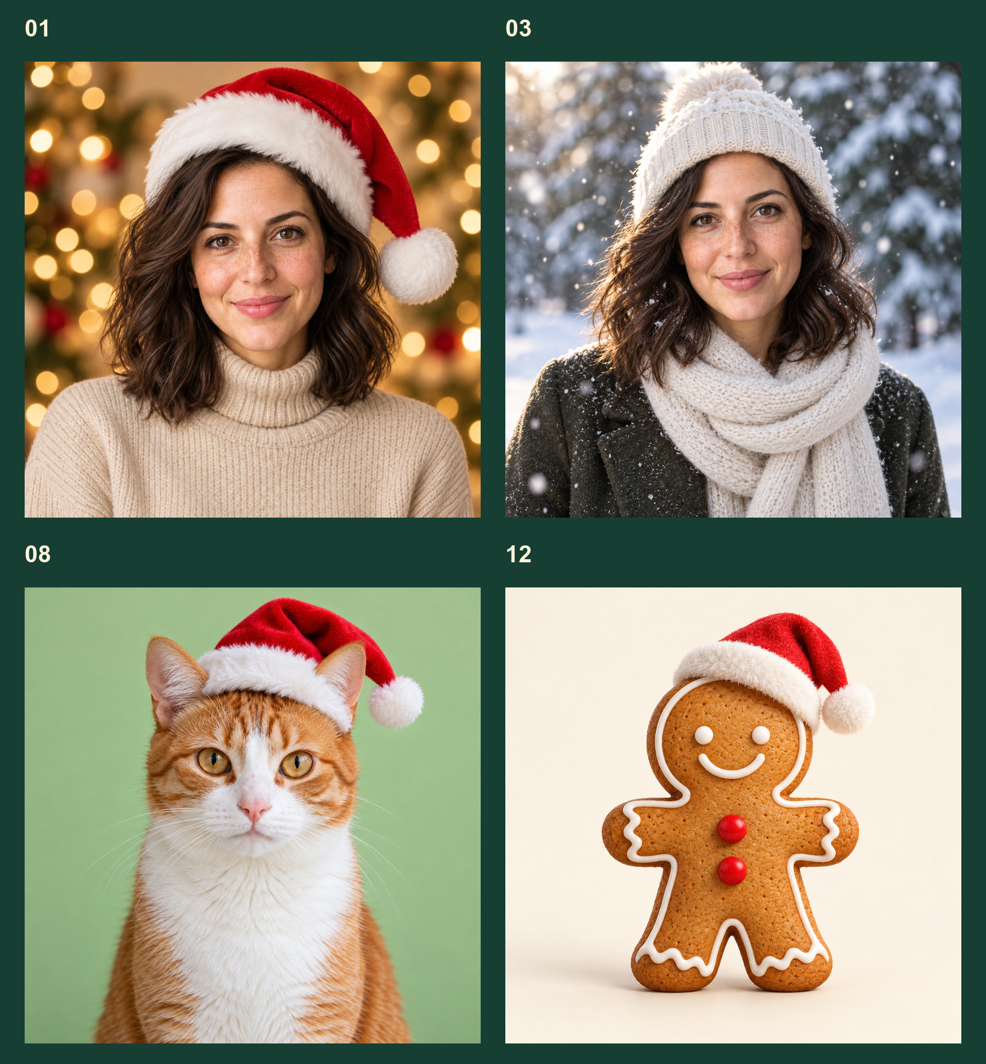 Christmas PFPs from the prompts above: classic Santa hat, snowy portrait, cat in a Santa hat, gingerbread man