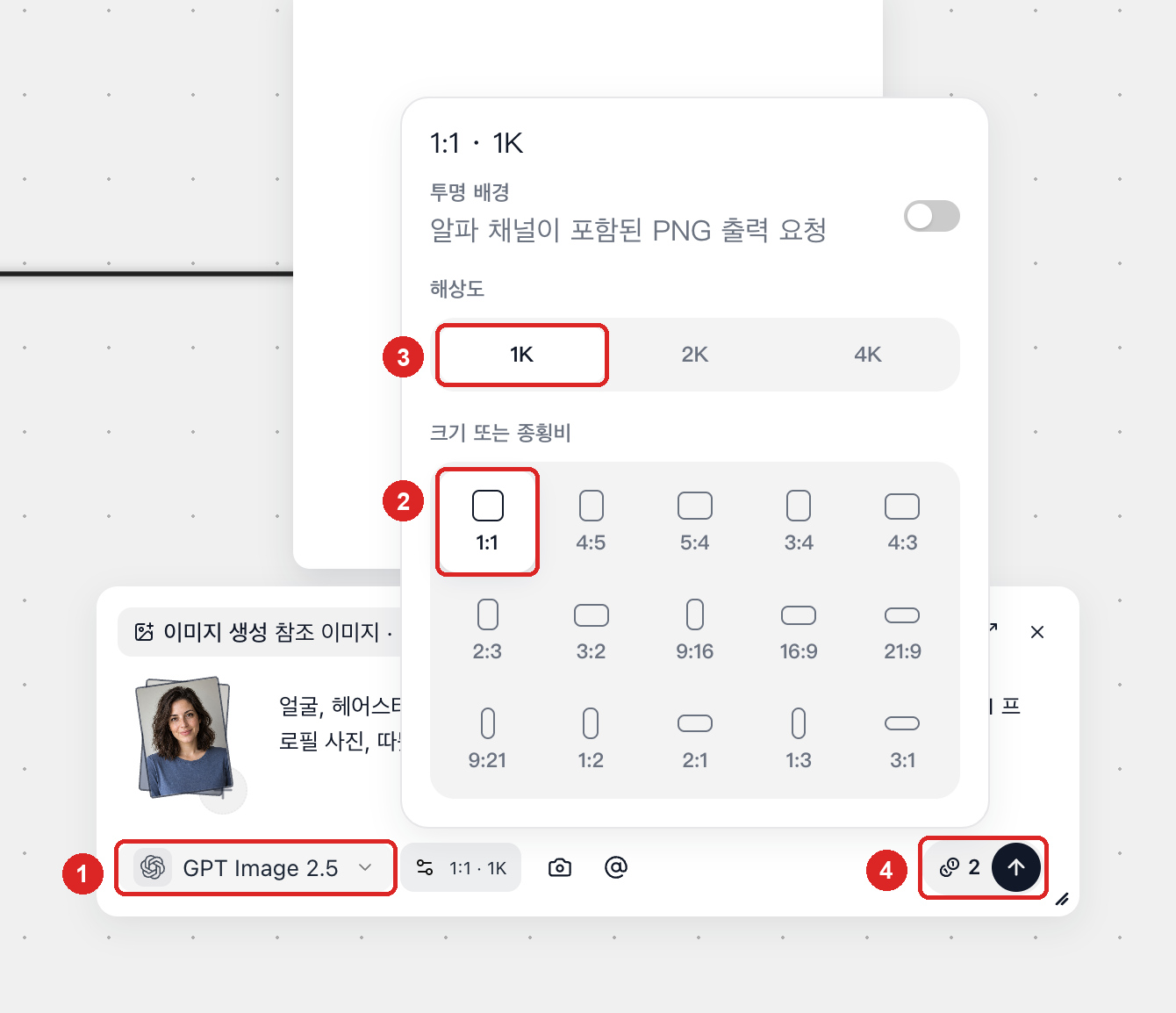 이미지 설정에서 1:1 비율과 1K 해상도를 선택하는 화면