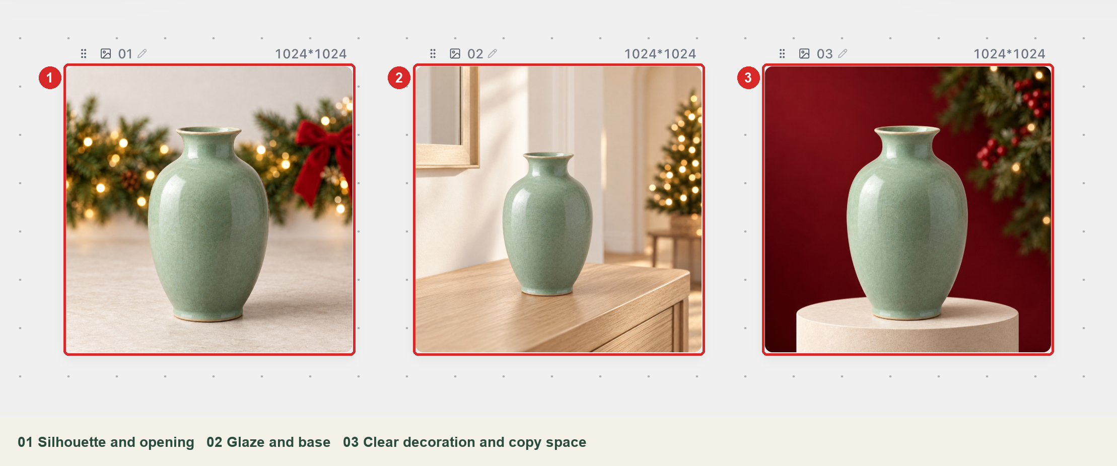 Capture brief: compare product details and decoration placement across three stills