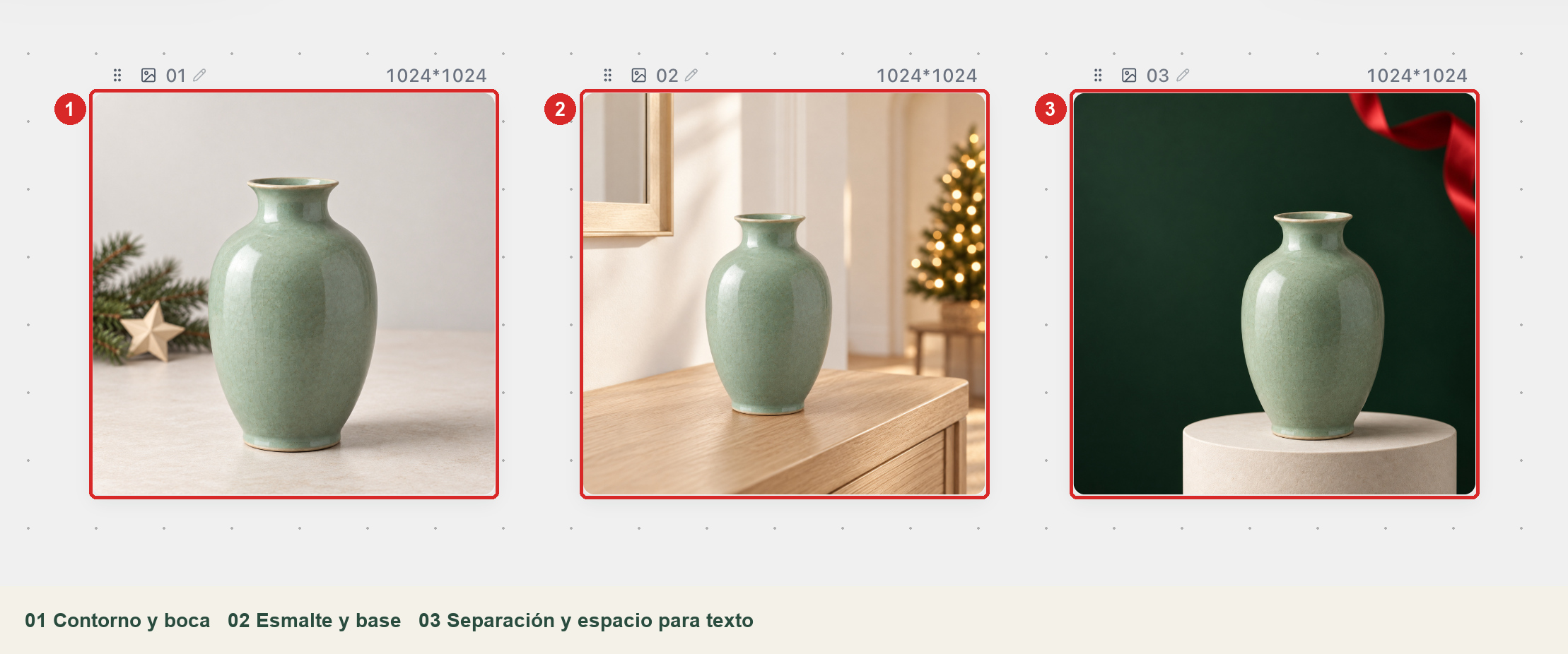 Requisitos de captura: comparar los detalles del producto y la colocación de la decoración en las tres imágenes fijas