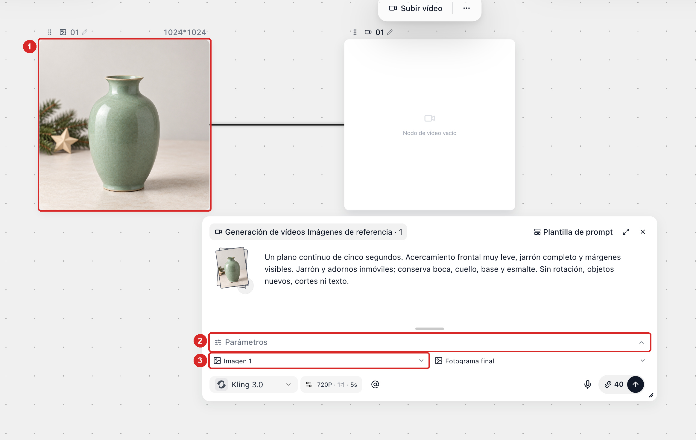 Requisitos de captura: conexiones entre nodos, parámetros desplegados, fotograma inicial seleccionado y fotograma final sin marcar