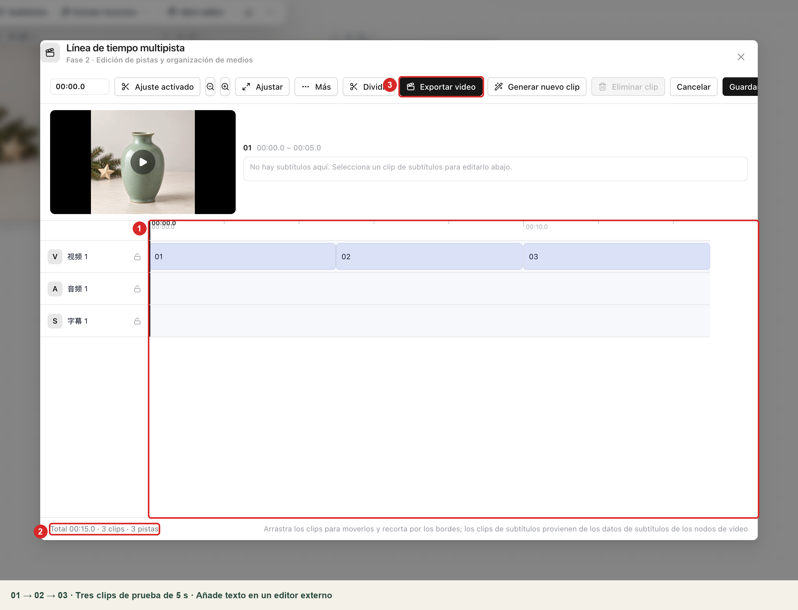 Requisitos de captura: orden de los clips, duración real, botón Exportar video y anotación de textos promocionales añadidos fuera