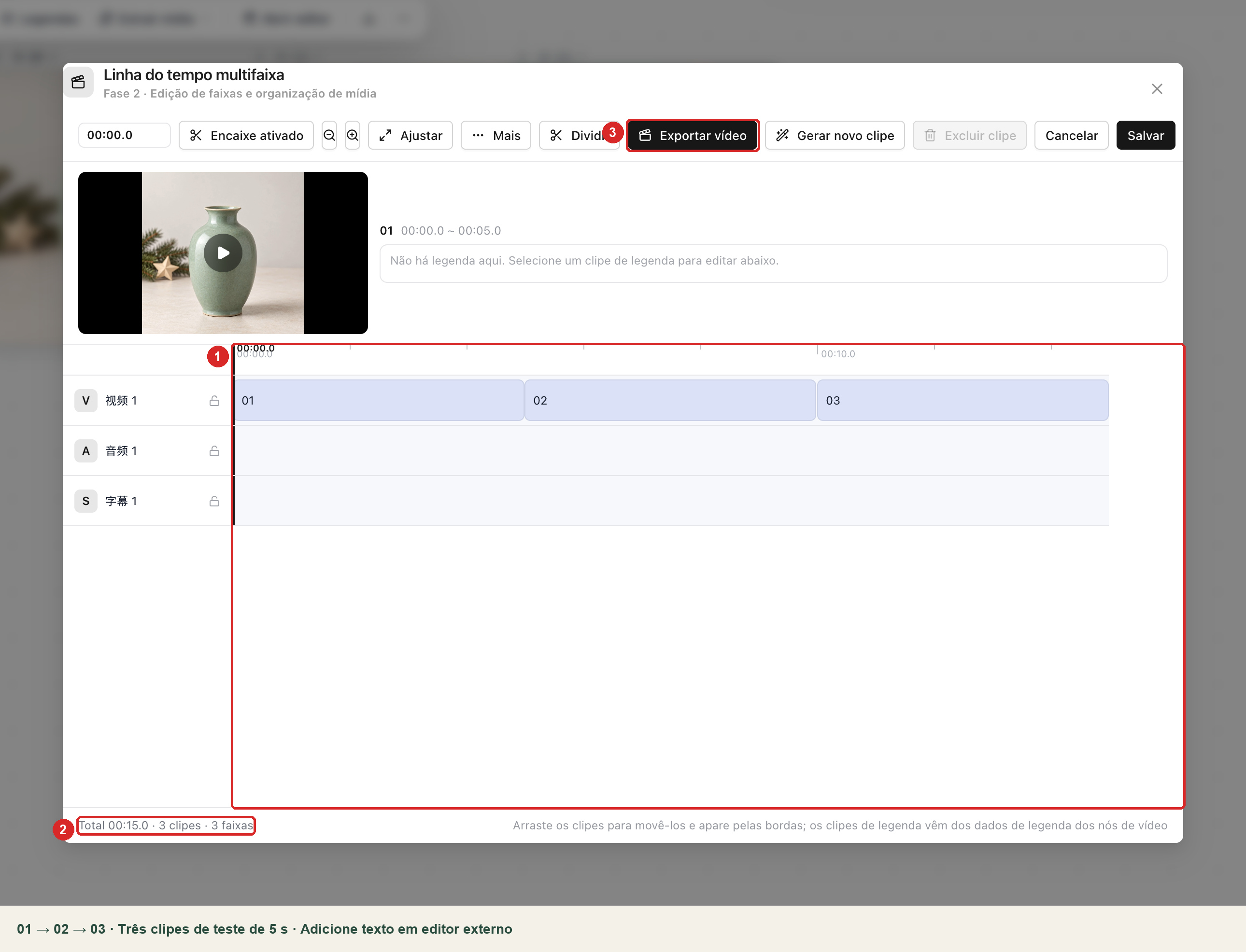 Requisitos da captura: ordem dos clipes, duração total na linha do tempo, botão Exportar vídeo e indicação de textos adicionados externamente