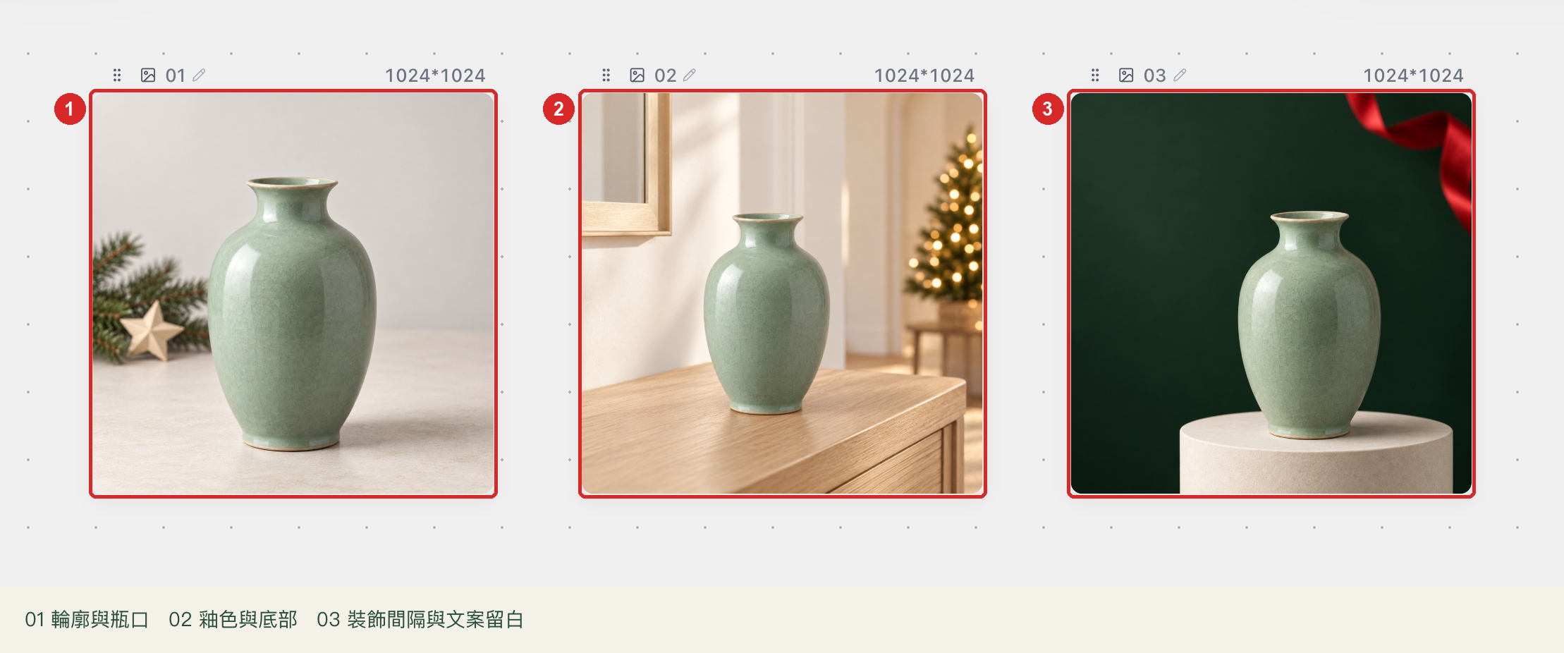 拍攝要求：並排展示 01–03 三種聖誕場景，標出商品輪廓、顏色和裝飾間隔的核對位置