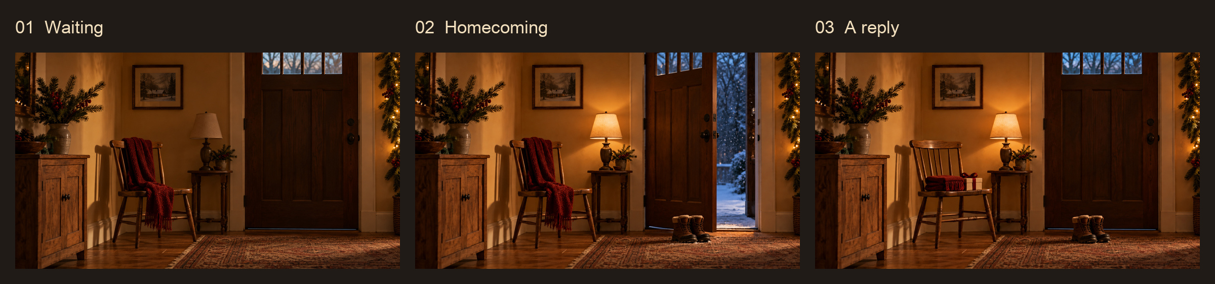 The three first frames: the empty chair waiting, the boots coming home, the scarf and gift answering