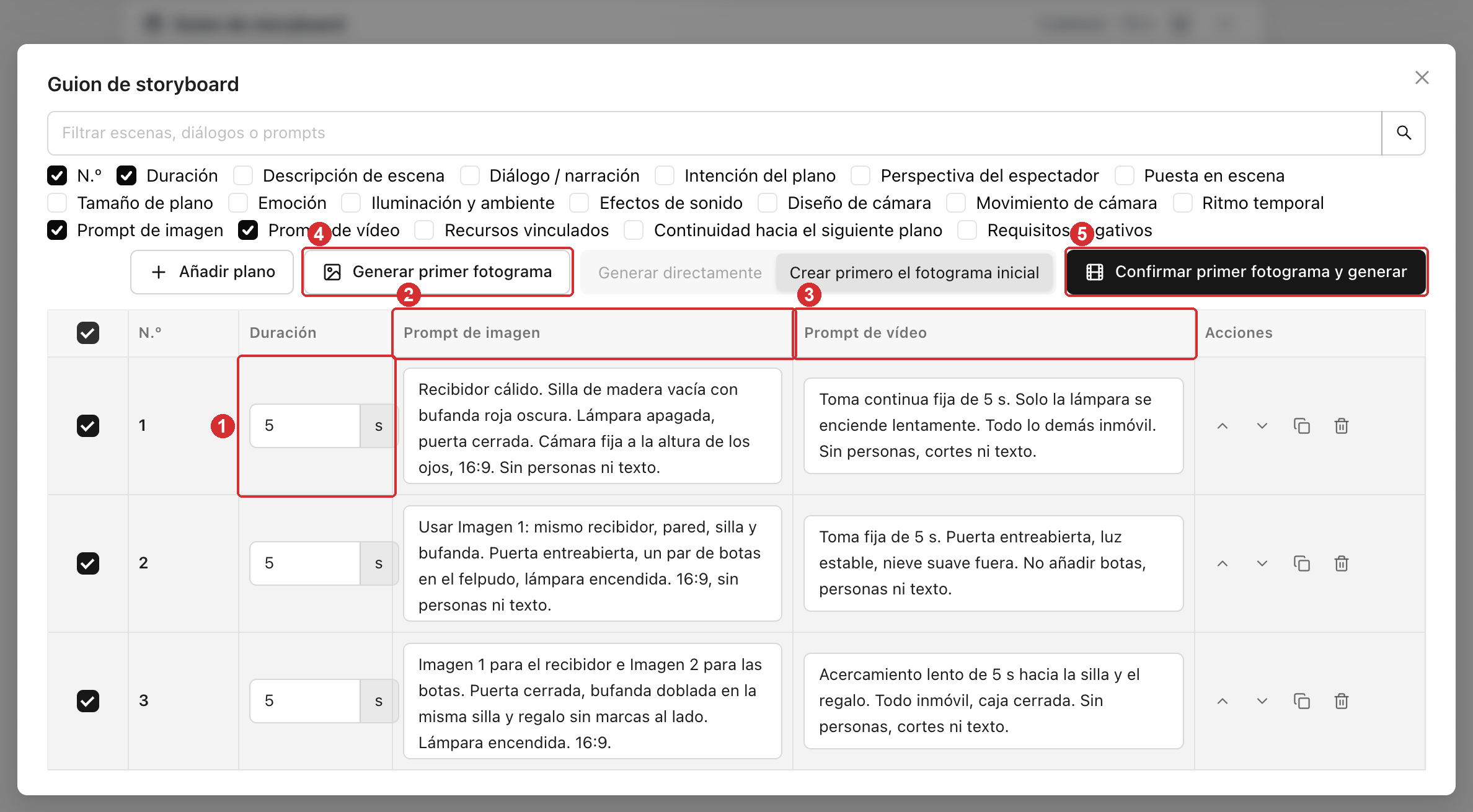 Tres planos en el editor a pantalla completa, de 5 segundos cada uno, con las indicaciones de imagen y de vídeo rellenadas por separado