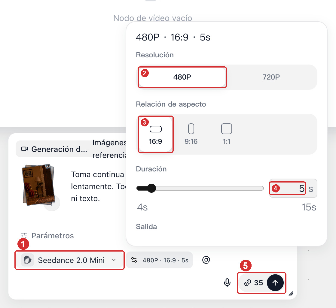 Ajustes de 480P, 16:9 y 5 segundos configurados previamente en el nodo de vídeo, a 35 créditos por plano