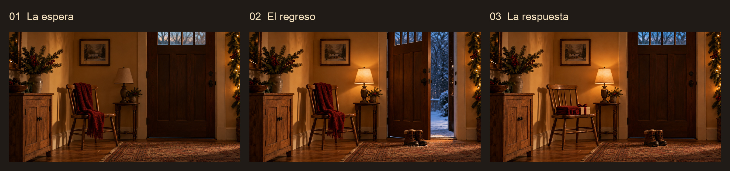 Los tres fotogramas iniciales: la silla vacía esperando, las botas a la vuelta y la bufanda doblada con el regalo como respuesta