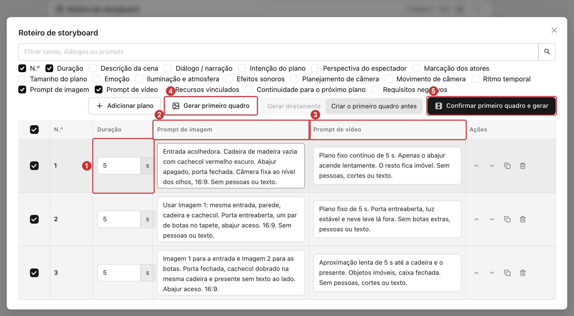 Três planos no editor em tela cheia, com 5 segundos cada, com os prompts de imagem e de vídeo preenchidos separadamente