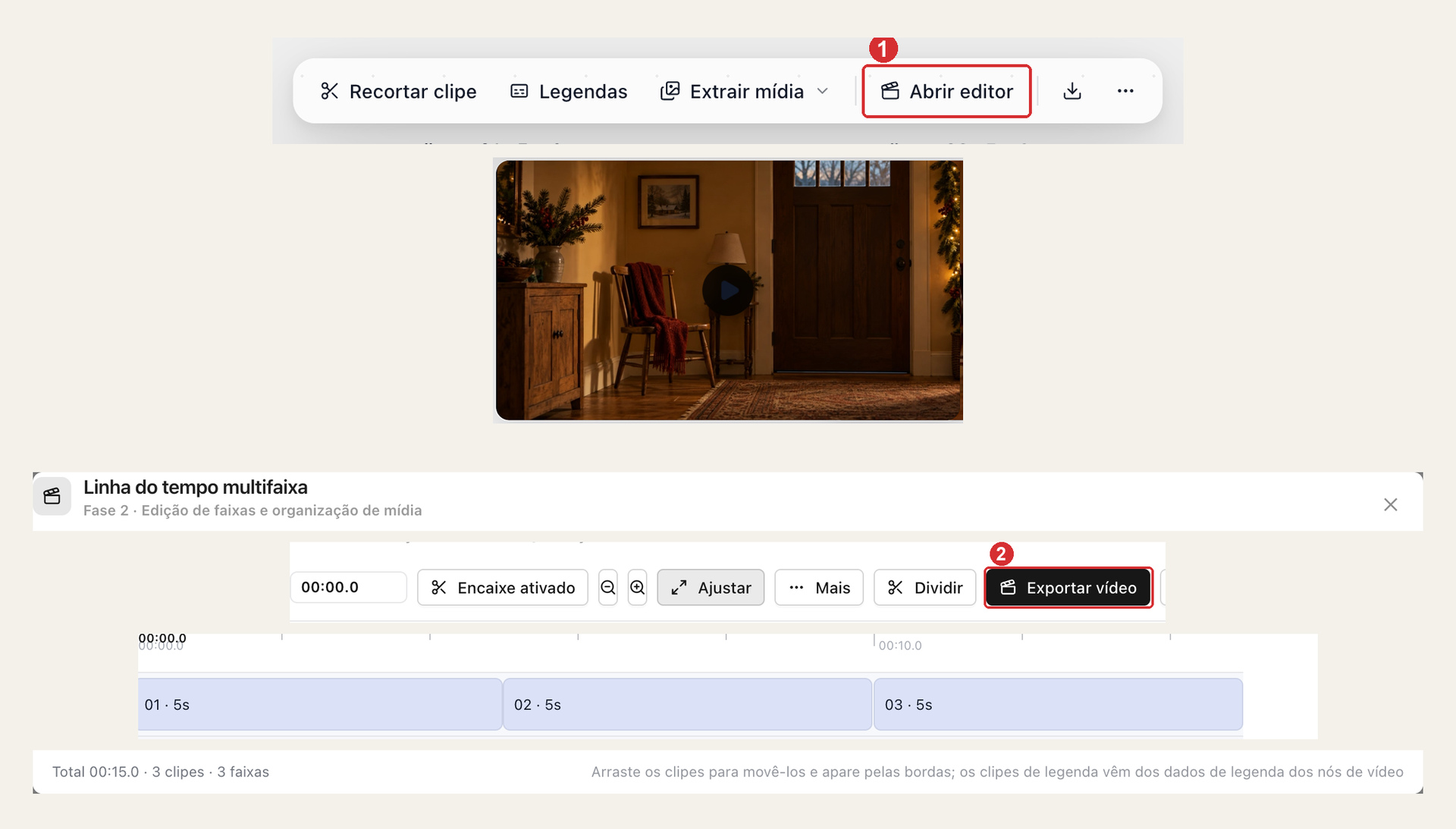 Confira a ordem e a duração total no editor antes de exportar