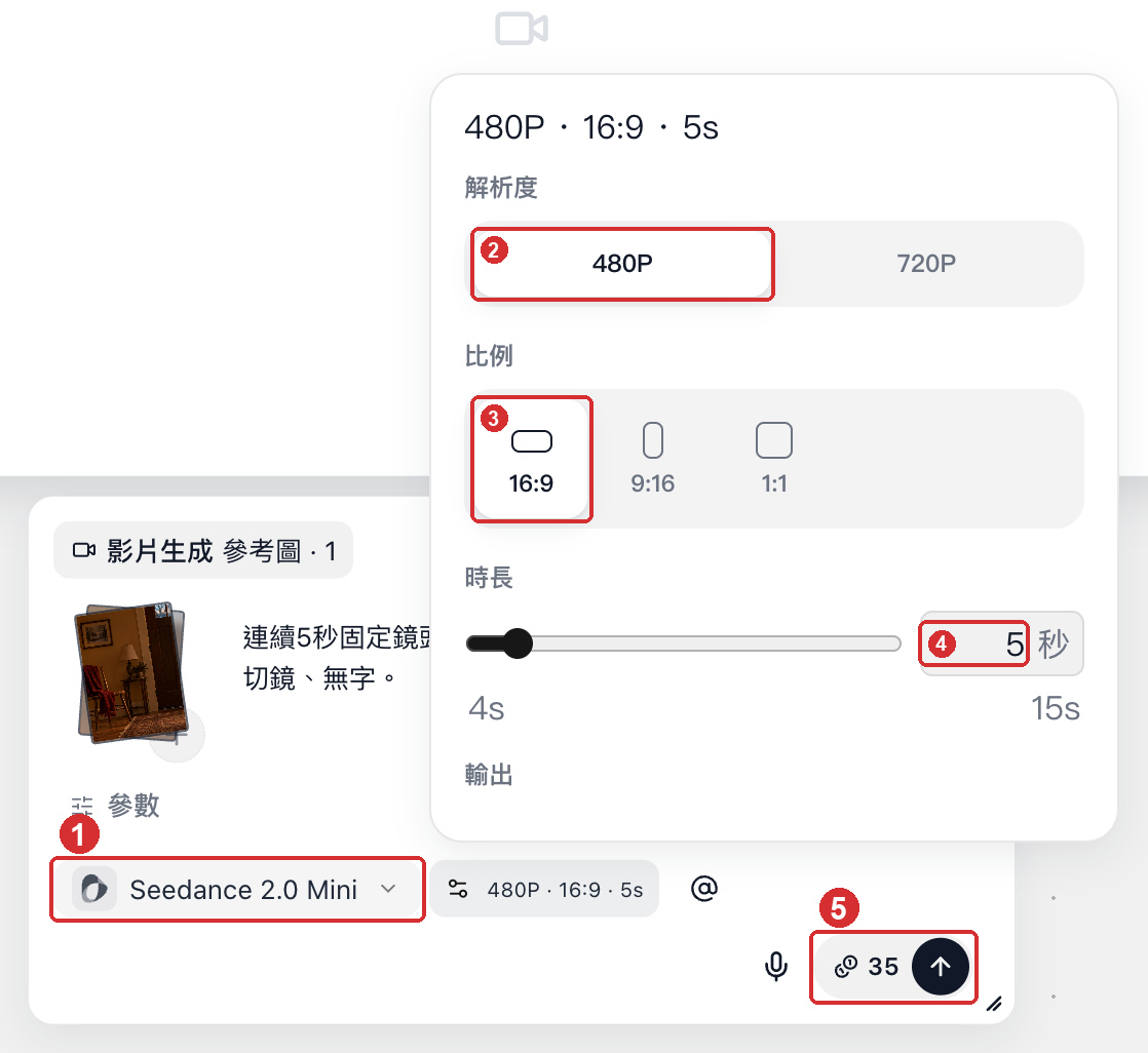 在影片節點裡先設好 480P、16:9、5 秒，每鏡 35 點數