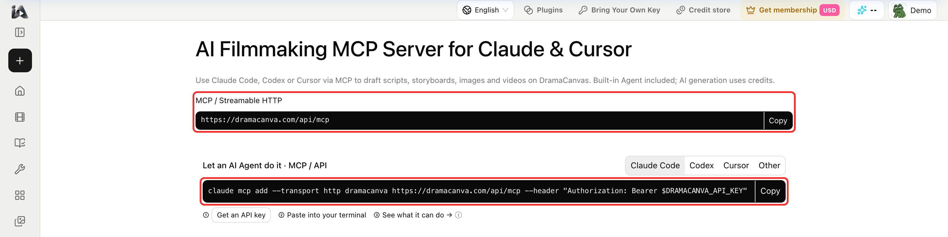 The DramaCanvas MCP page: the server URL and the Claude Code, Codex and Cursor commands