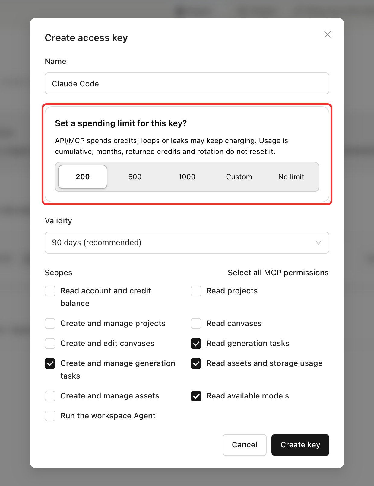 Choosing a 200-credit cap while creating the key; once reached, the key can't start paid calls